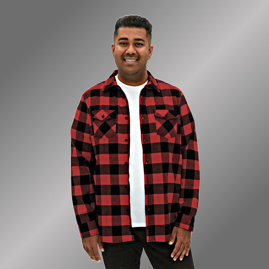 Man wearing red and black flannel shirt