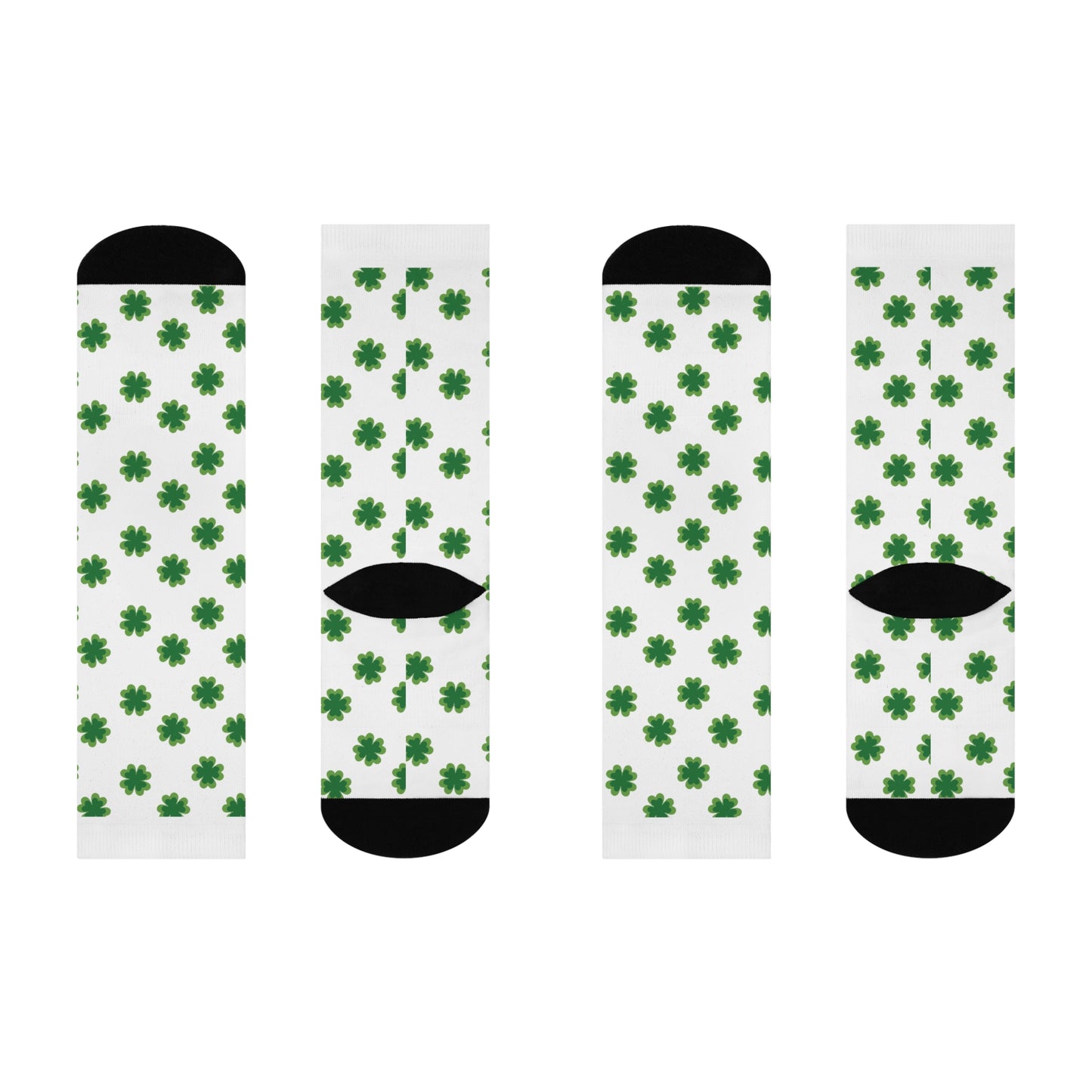 Four Printify Shamrock-Pattern Cushioned Crew-Socks: Unisex | St. Patrick's Day, are shown flat with green clover designs and feature black toes, heels, and cuffs.