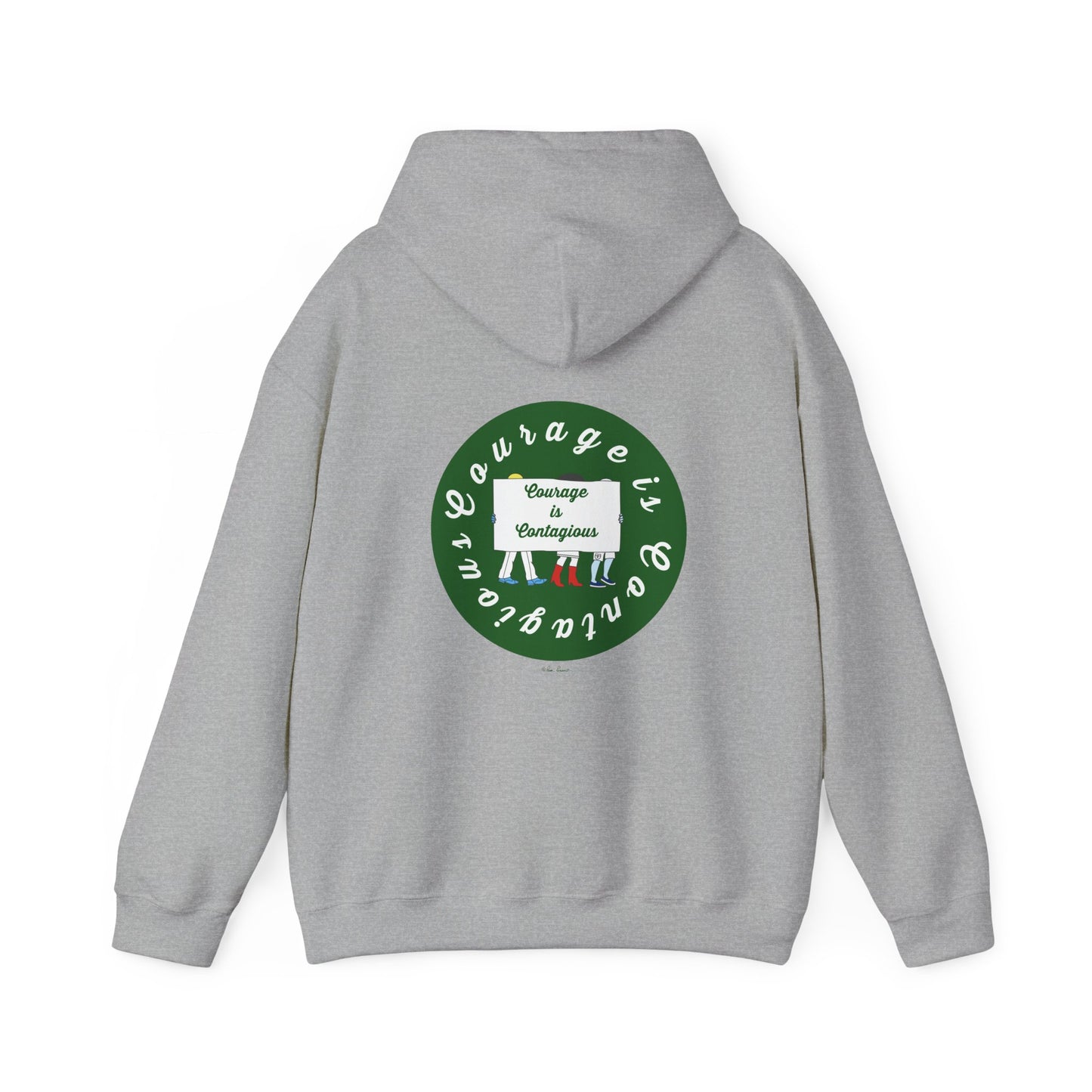 The Courage Is Contagious Hoodie by Printify is a gray, ethically made mid-weight sweatshirt featuring a round green graphic and “Courage is Contagious” text with a row of people on the back, promoting mental health awareness in comfort and style.