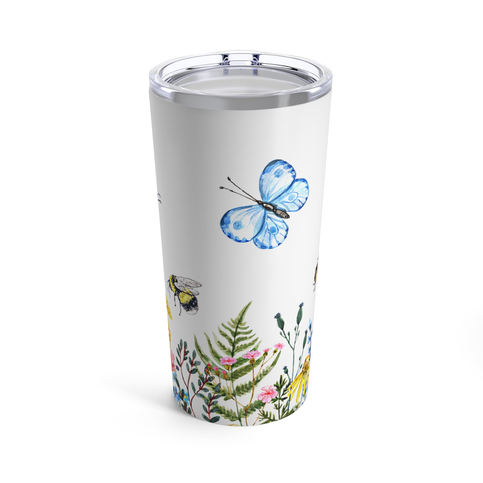 A white stainless steel Printify Nature's Garden Tumbler with butterflies and flowers on it.