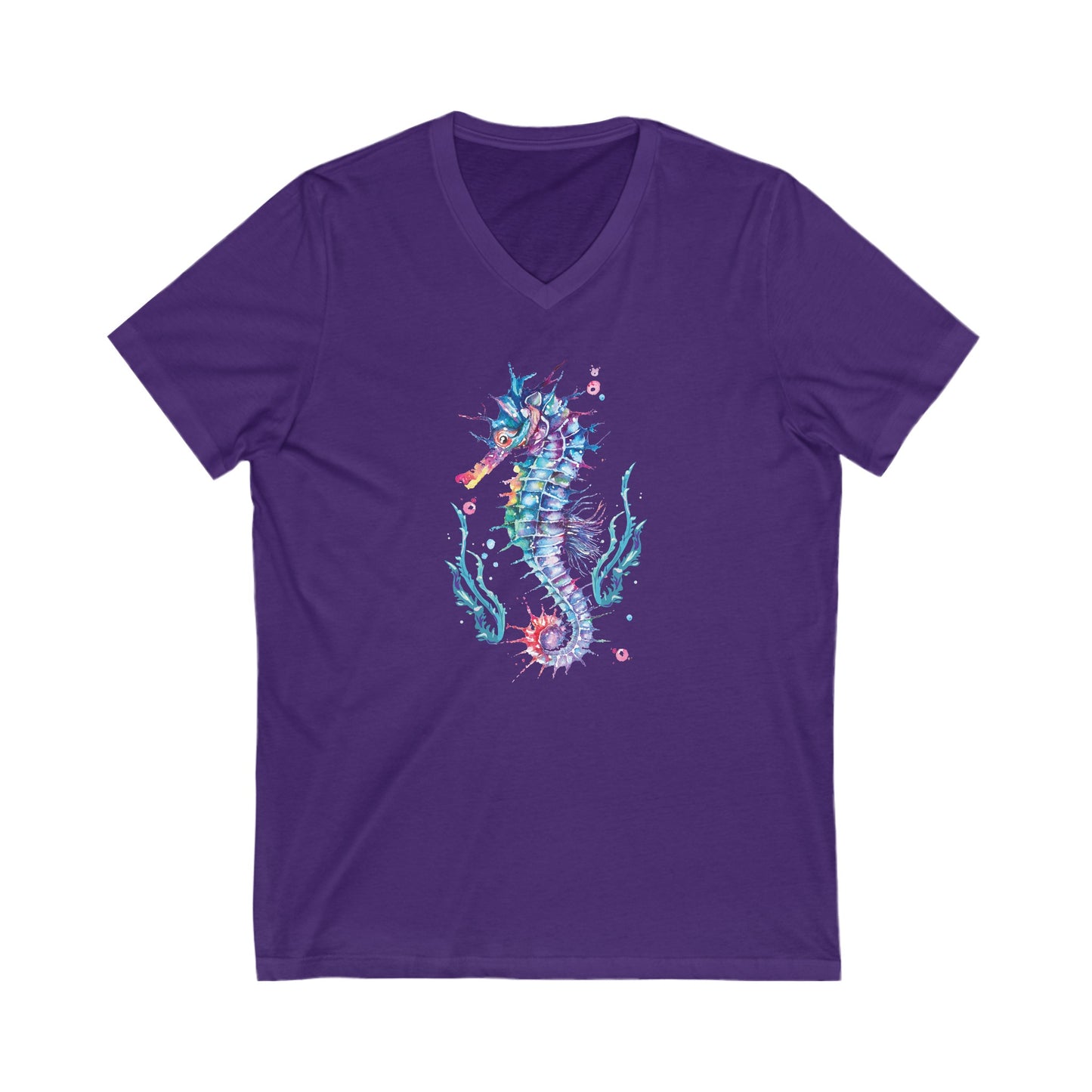 A Printify Bella+Canvas unisex V-neck T-shirt in purple, adorned with a colorful, artistic seahorse graphic in the center and surrounded by small marine elements, offering both style and comfort.