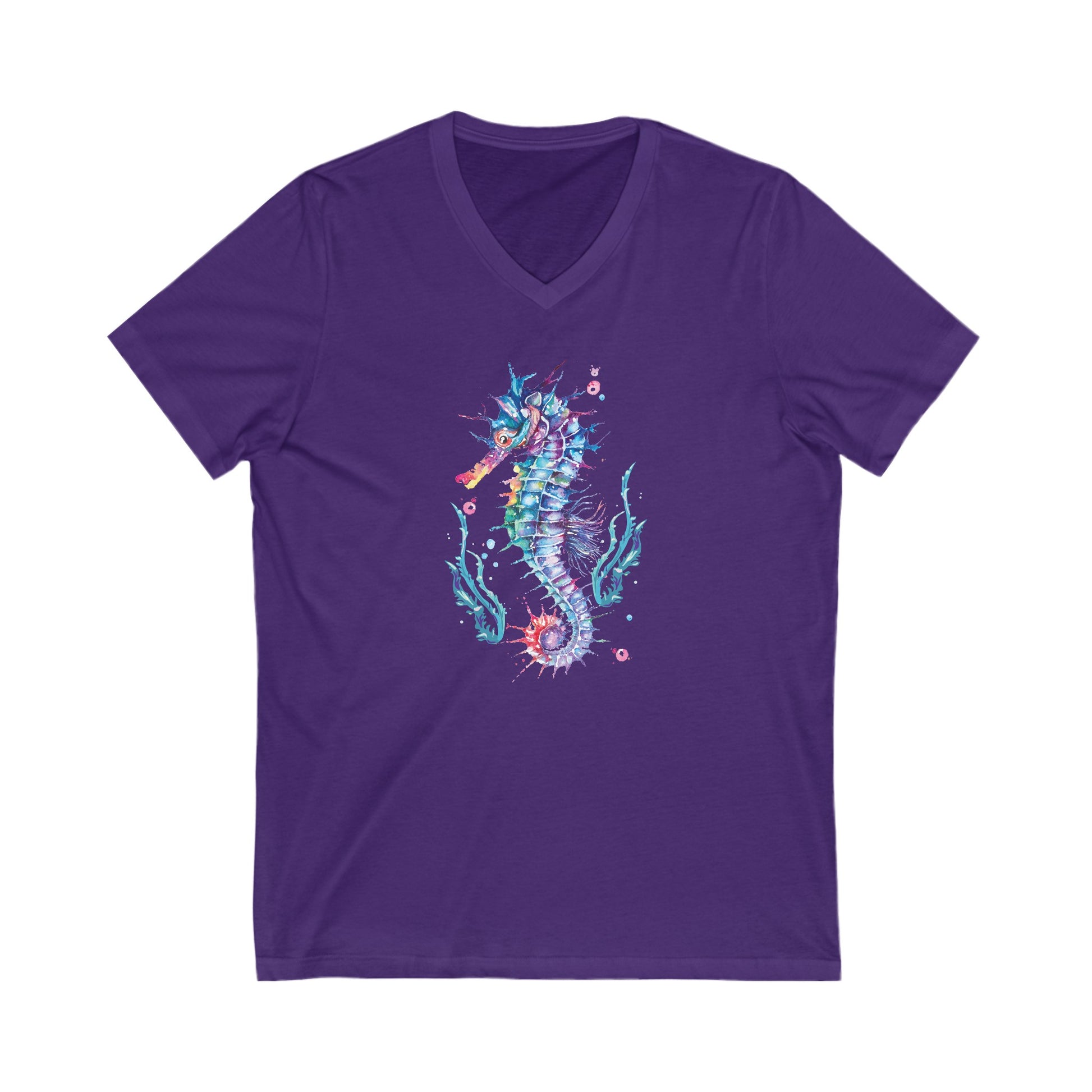 A Printify Bella+Canvas unisex V-neck T-shirt in purple, adorned with a colorful, artistic seahorse graphic in the center and surrounded by small marine elements, offering both style and comfort.