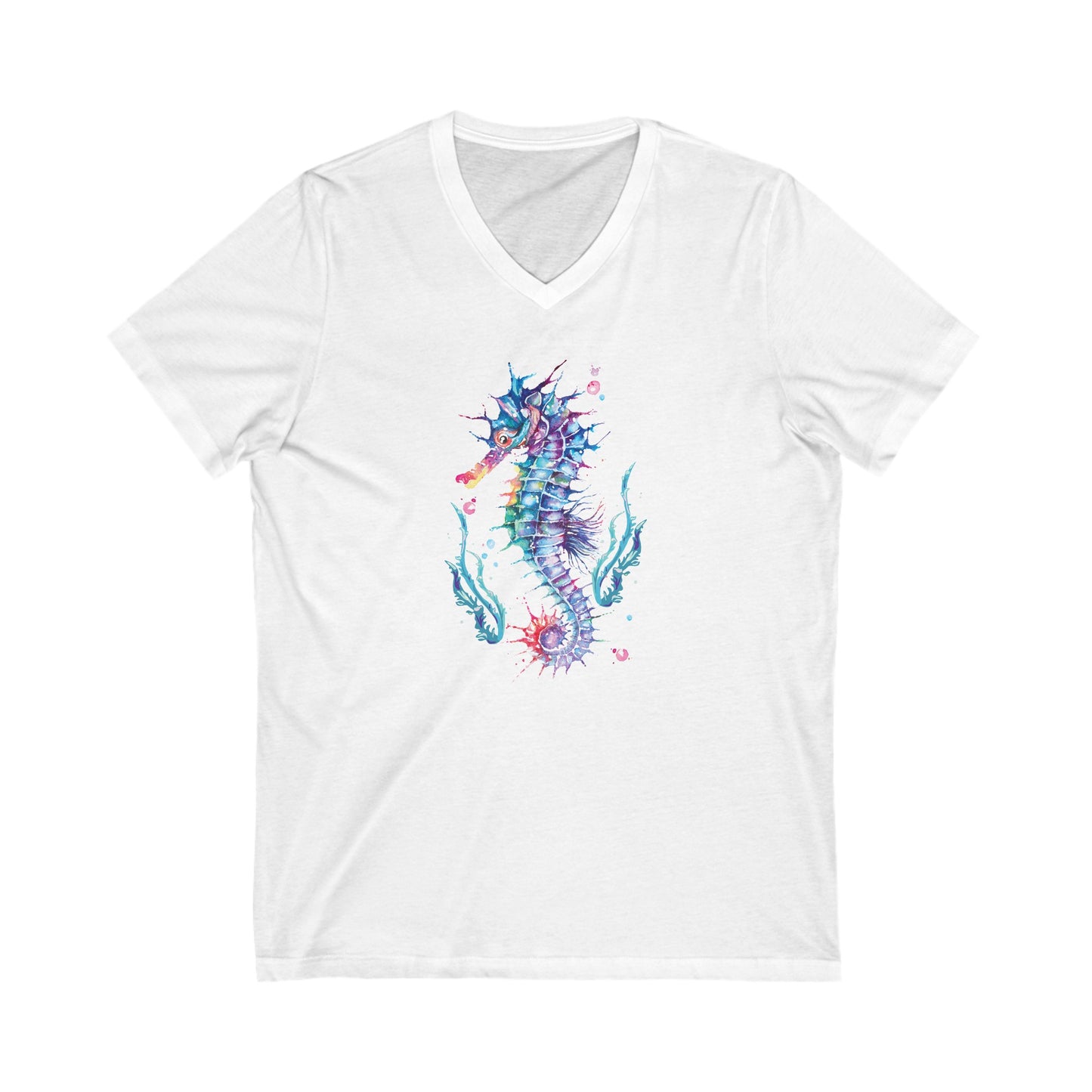 The Printify Bella+Canvas unisex V-neck T-shirt in white features a colorful watercolor-style seahorse design in the center and is made of cotton.