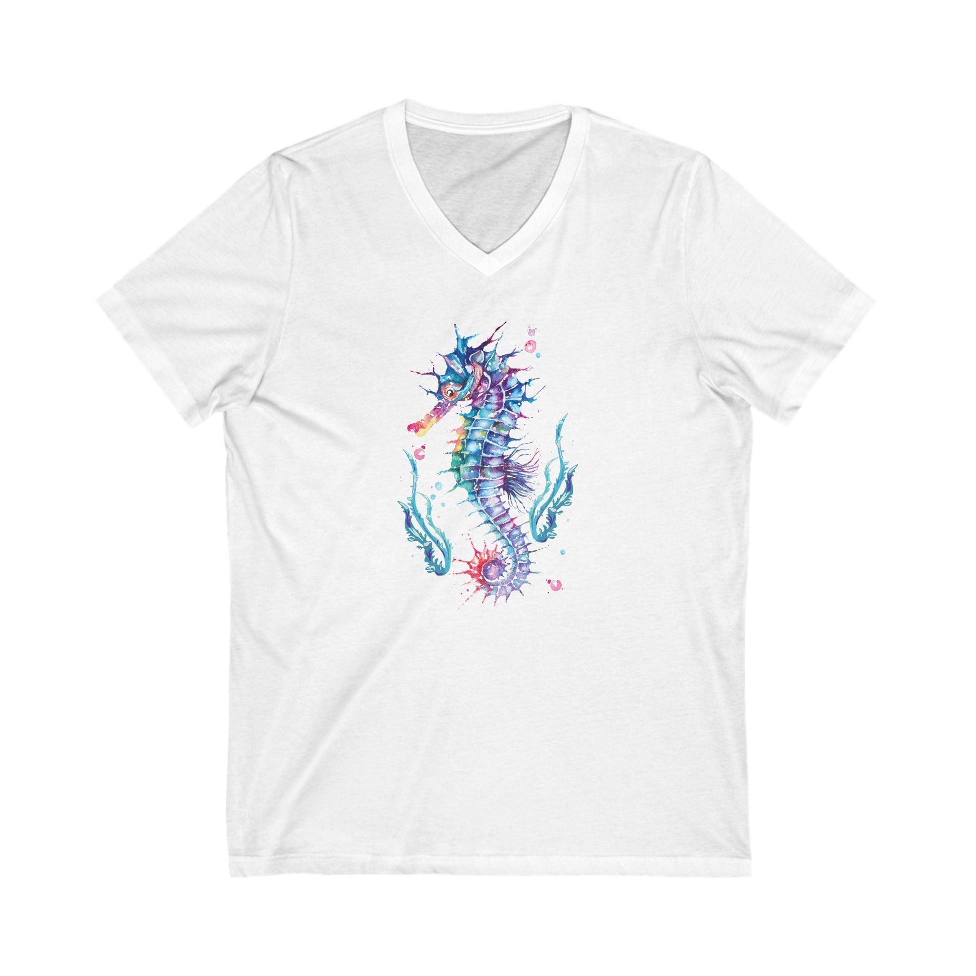 The Printify Bella+Canvas unisex V-neck T-shirt in white features a colorful watercolor-style seahorse design in the center and is made of cotton.