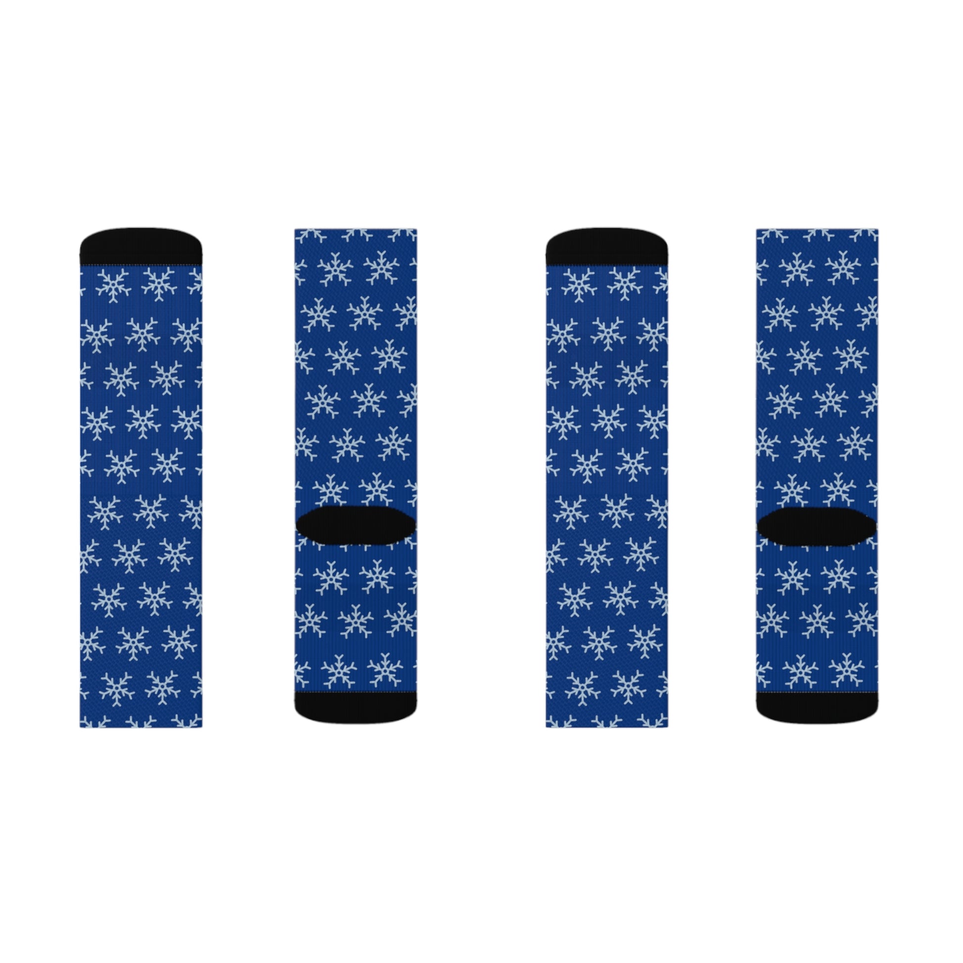 A pair of blue tube socks with stars on them.
Product Name: Blue Tube Socks: 3 sizes; Polyester blend; Snowflake design
Brand Name: Printify