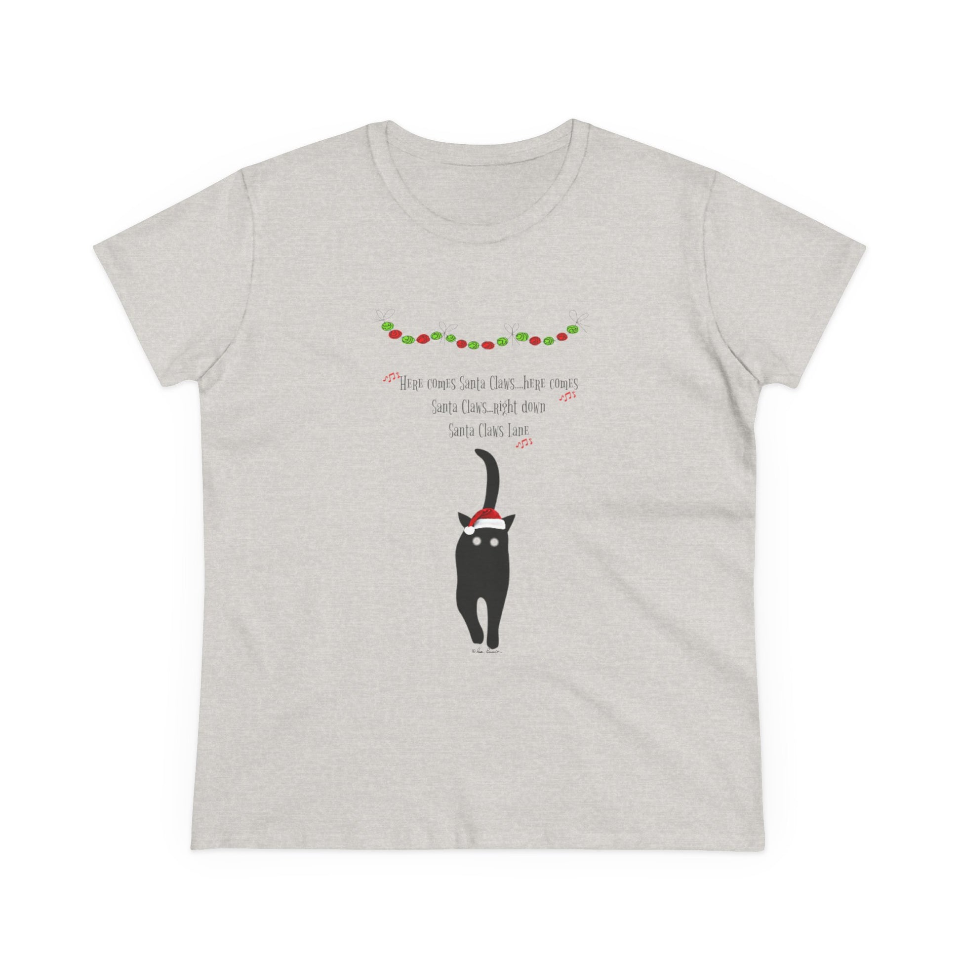 Printify's Santa Claws T-shirt: Women's cotton tee with a black cat in a Santa hat, festive garland, and playful "Here comes Santa Claws" text—a purrfect holiday choice!.