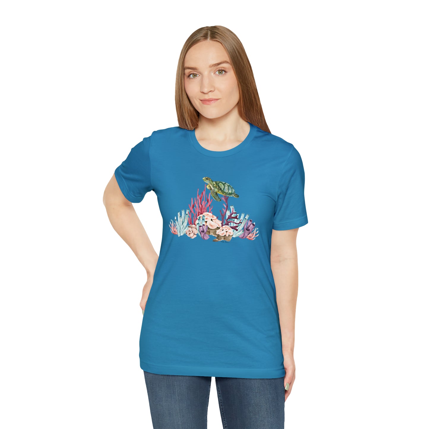 Mock up of a blond-haired woman wearing the aqua shirt