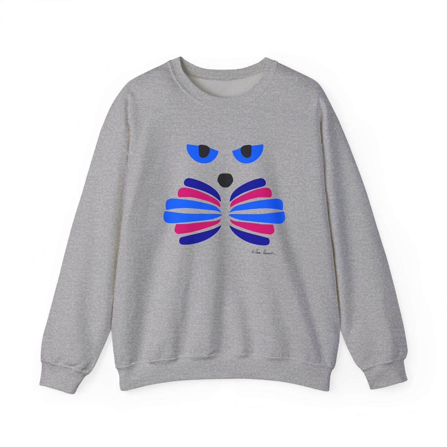 The Whimsical Cat Graphic Sweatshirt by Printify is a unisex crewneck featuring a stylized cat face with blue eyes and abstract blue and pink accents—an artistic and cozy choice for adults.