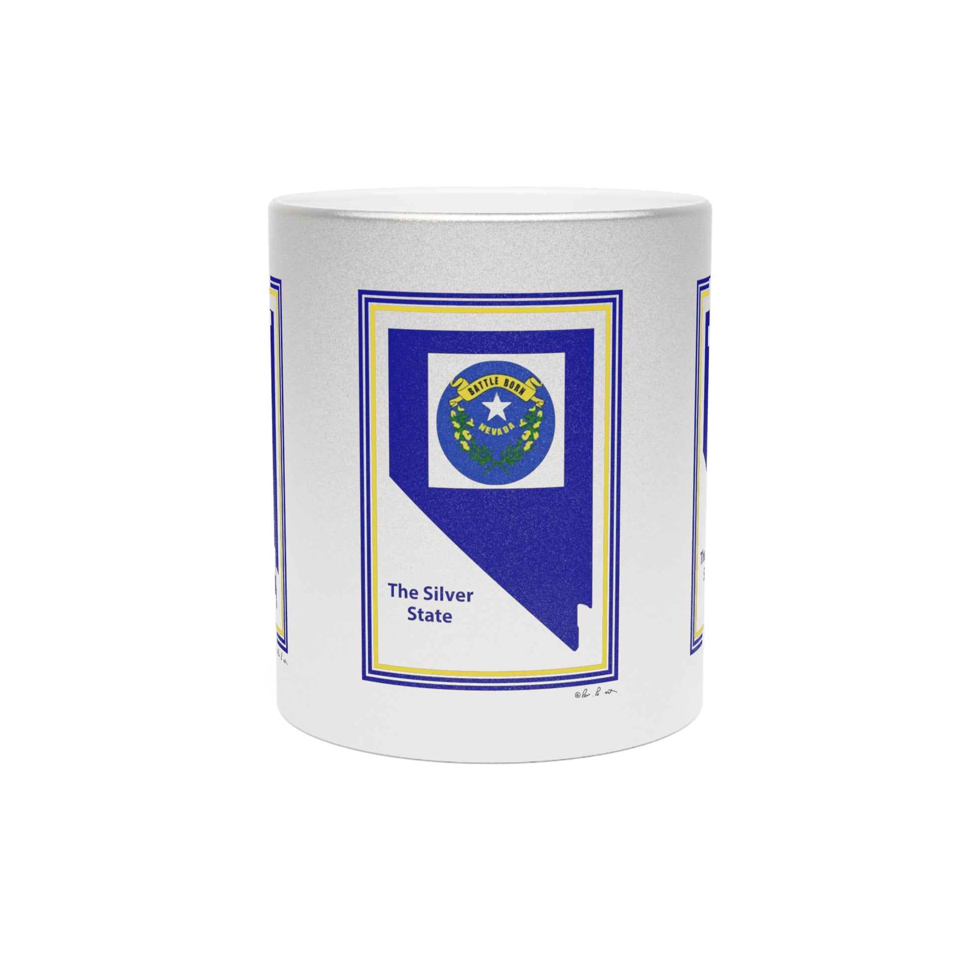 The Silver Metallic Mug from Printify is an 11 oz. ceramic mug featuring a modern, sleek design with the Nevada state map and emblem, proudly displaying "The Silver State." It makes for an ideal and unique Nevada gift.