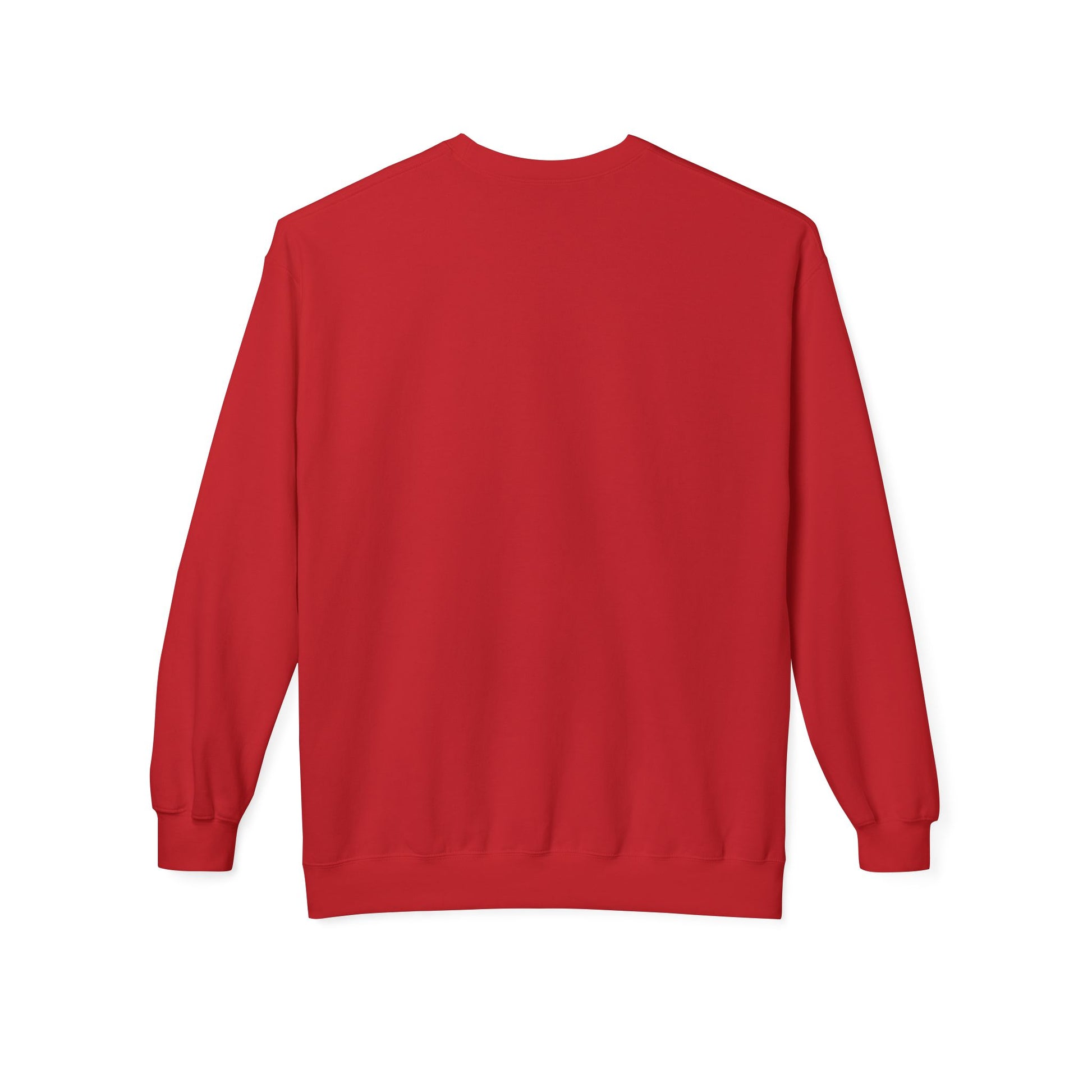 Back view of the Printify Cat Face Crewneck Sweatshirt: Abstract Red & Blue Kitty, a cozy cotton blend red long-sleeve with crew neck, ribbed cuffs and hem, laid flat on a white background.