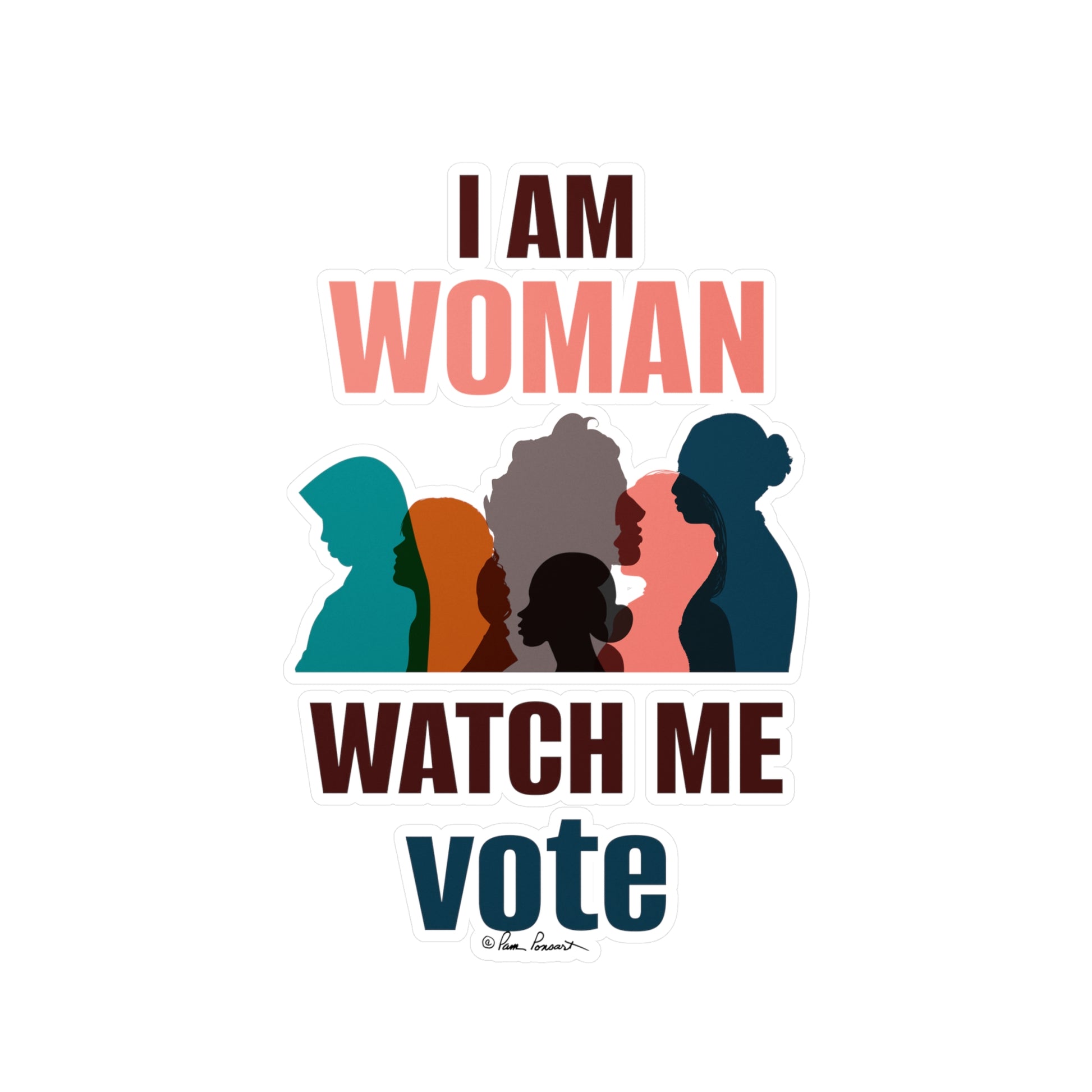 Sticker design featuring silhouettes of diverse women with the text "Voting Women's Decals" in bold letters by Printify.