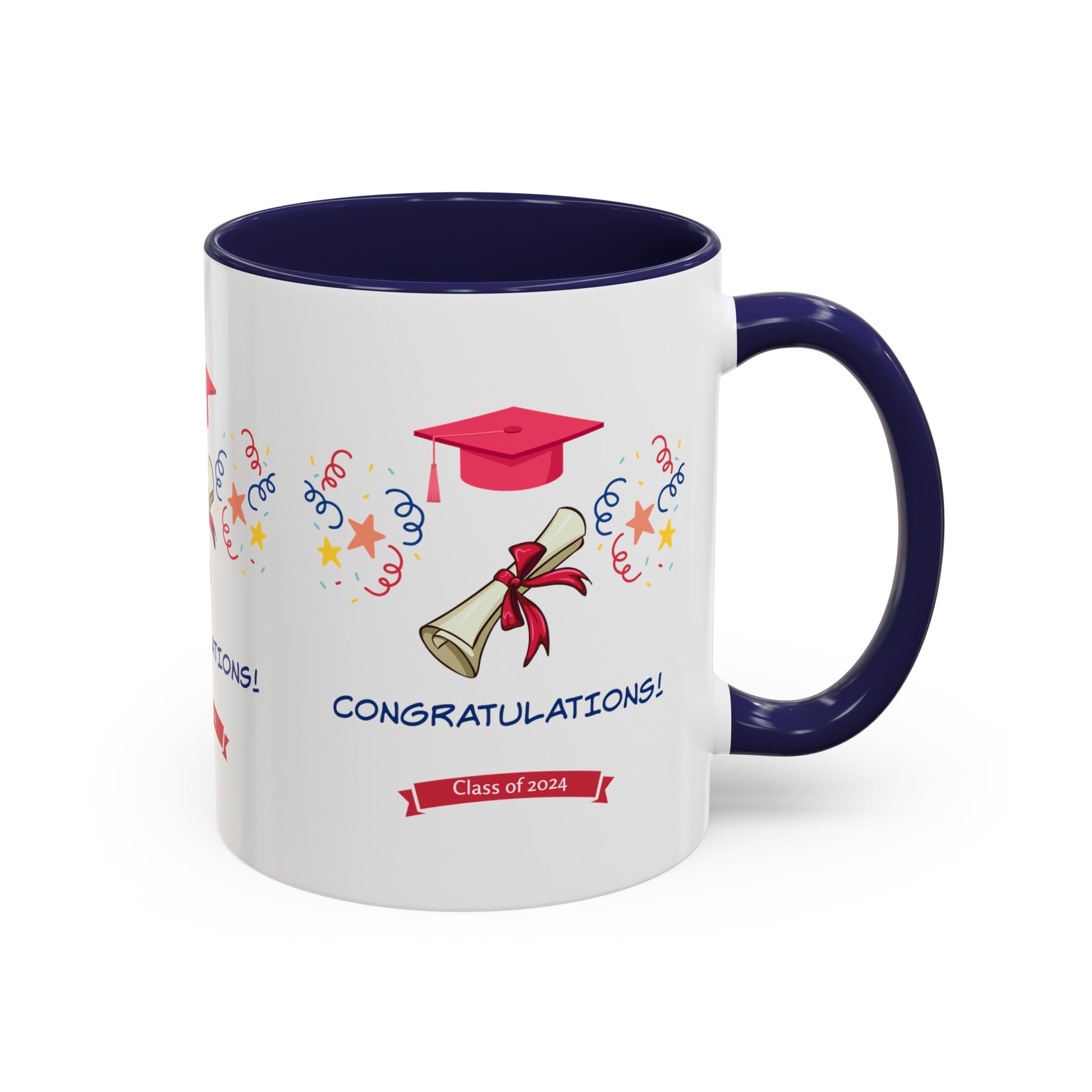 A white American made mug with a blue interior. The custom Printify 2024 Congratulations Mug: Graduation; 11 oz.; 2 Colors features a graduation cap, a diploma, confetti, and the text "CONGRATULATIONS! Class of 2024.