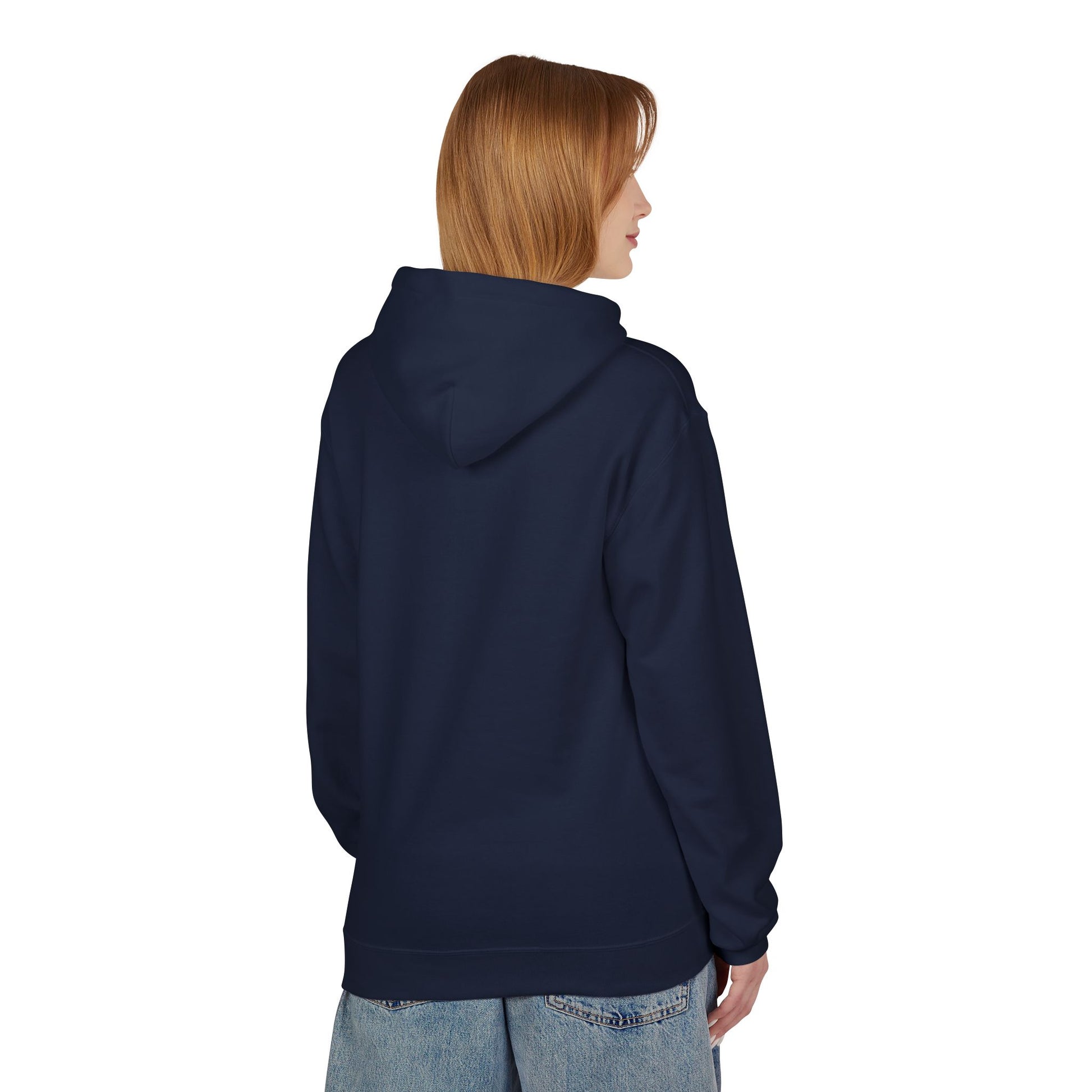A person with straight, shoulder-length hair stands with their back to the camera against a white background, wearing the Kiss-Me I'm Irish Hoodie: St. Patricks Day Shamrock Pullover by Printify and light blue jeans.