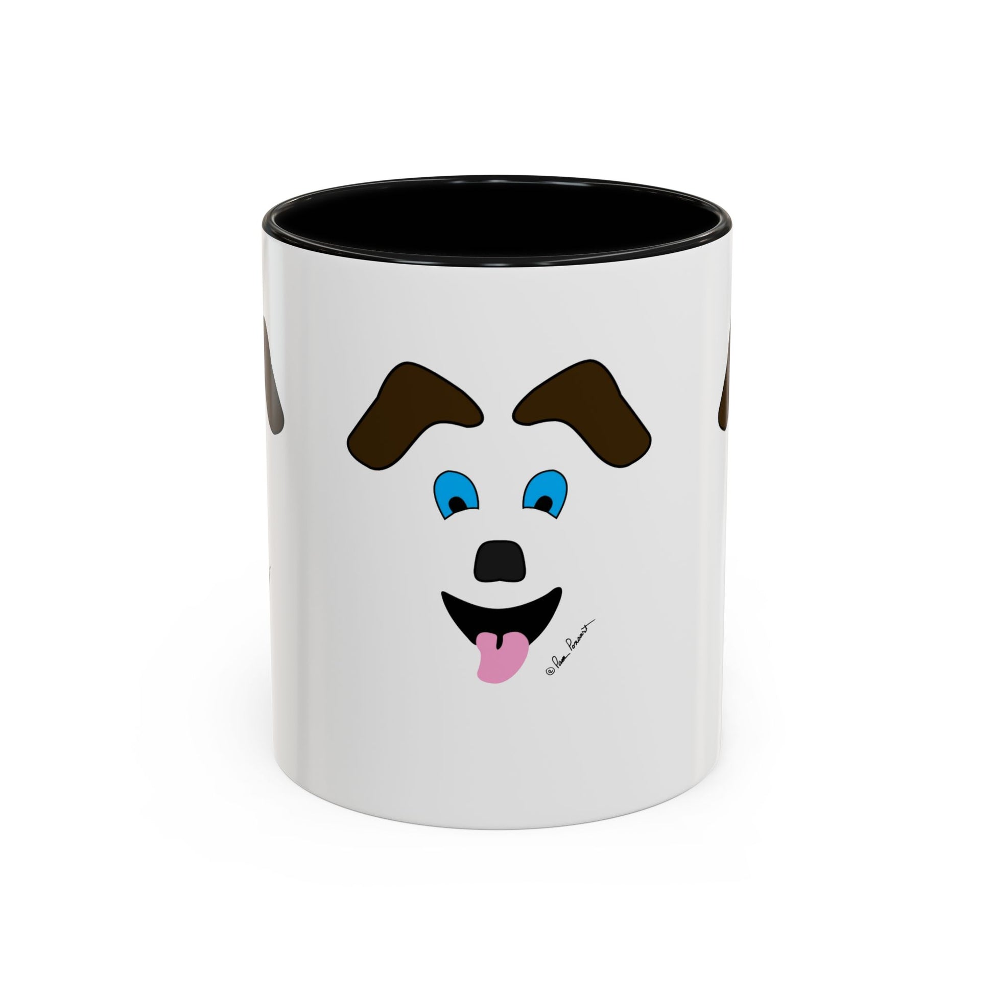 Printify’s Playful Dog-Face Coffee Mug: Ceramic | Fun Pet-Lover Gift—this white mug showcases a cheerful cartoon dog face with brown eyebrows, blue eyes, a black nose, and a pink tongue, ideal for dog lovers.
