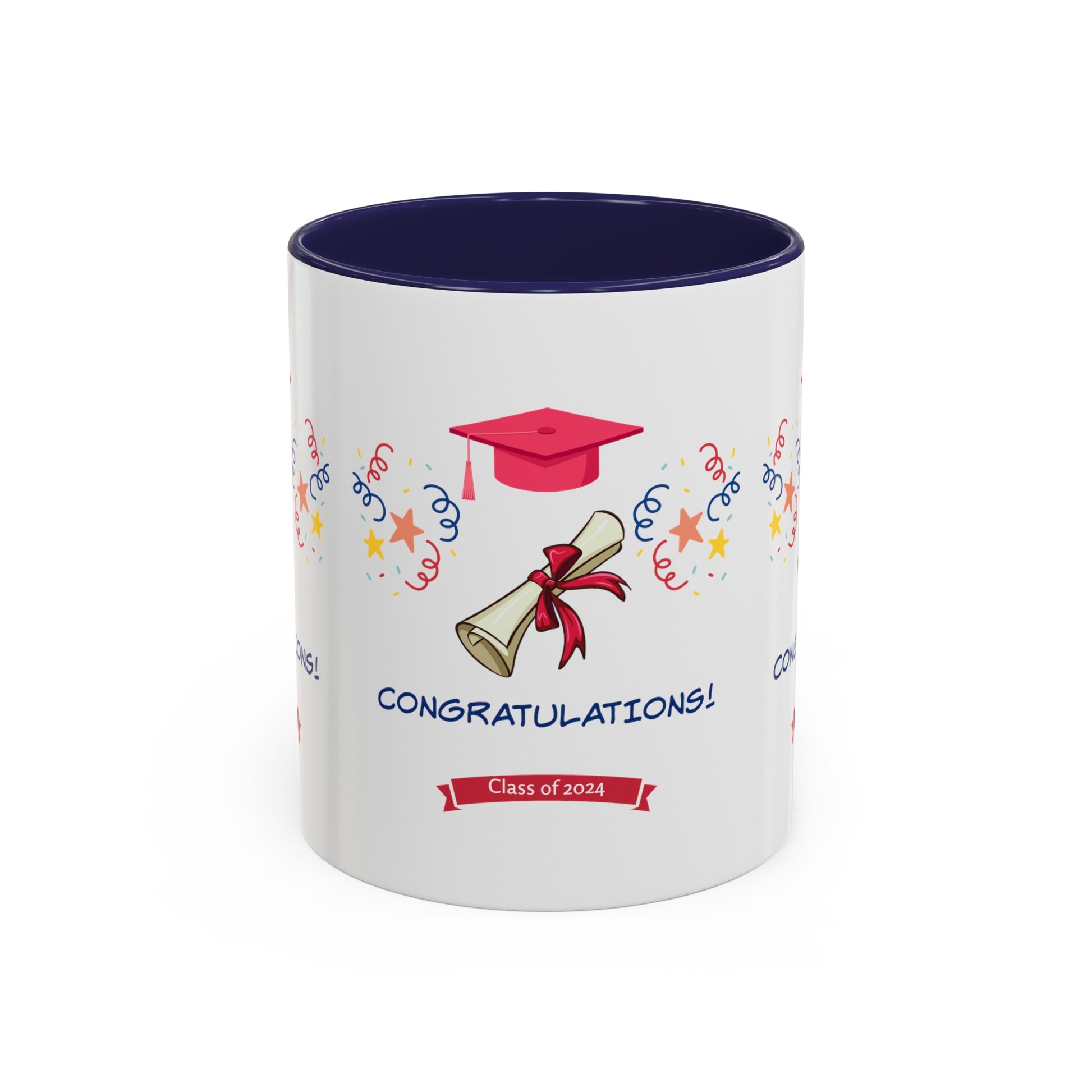 White American-made mug with a red graduation cap, diploma tied with a red ribbon, confetti, and stars. The text reads "CONGRATULATIONS!" and "Class of 2024." Blue interior. Perfect custom Printify 2024 Congratulations Mug: Graduation; 11 oz.; 2 Colors for celebrating your achievements!