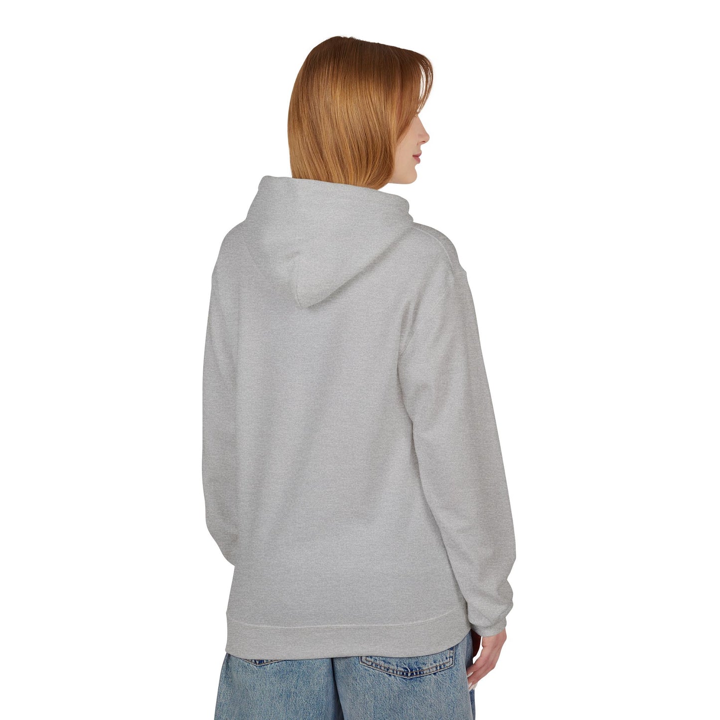 A person with straight, light brown hair wears the Printify Kiss-Me I'm Irish Hoodie: St. Patricks Day Shamrock Pullover in light gray and blue jeans, standing with their back to the camera against a white background.