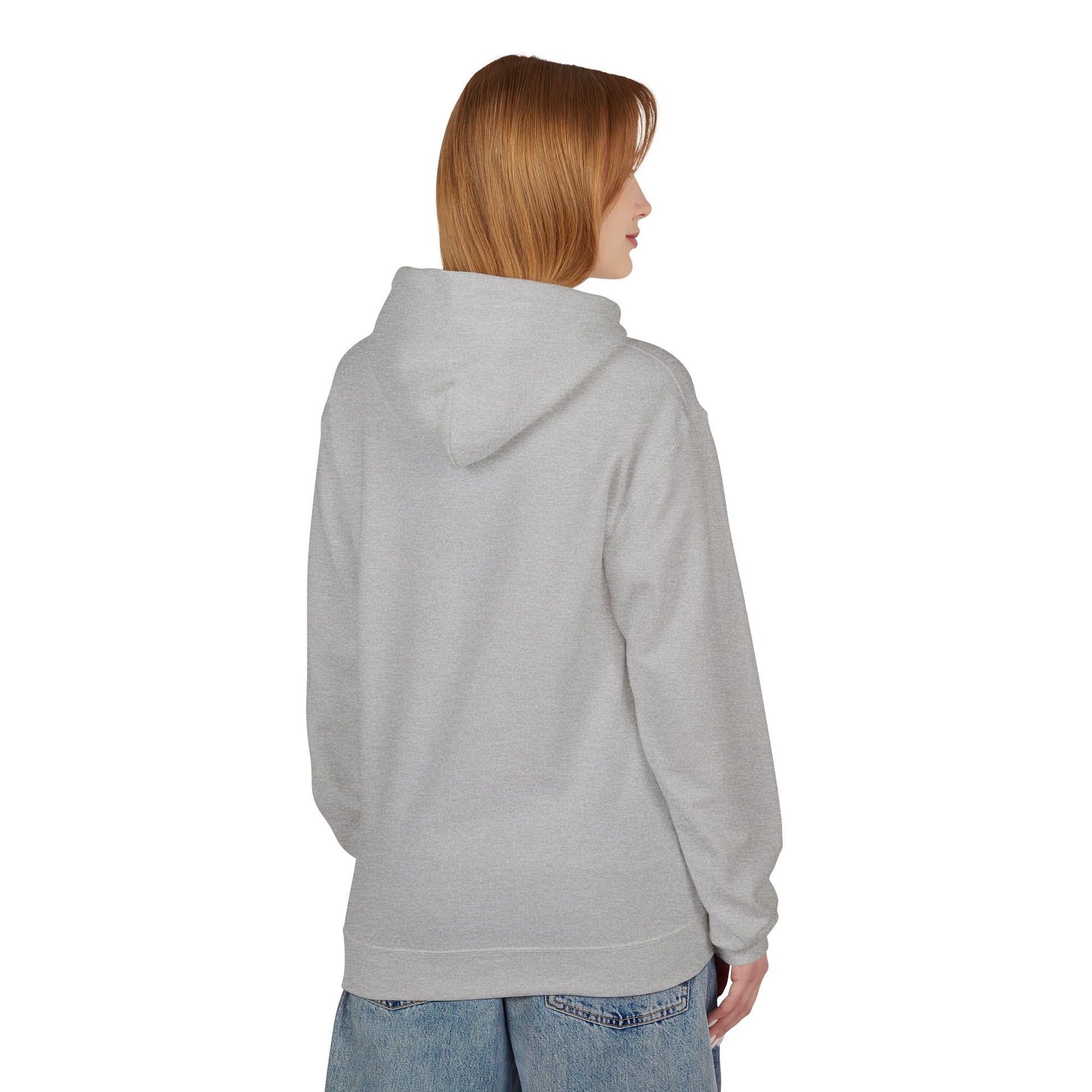 A person with straight, light brown hair wears the Printify Kiss-Me I'm Irish Hoodie: St. Patricks Day Shamrock Pullover in light gray and blue jeans, standing with their back to the camera against a white background.