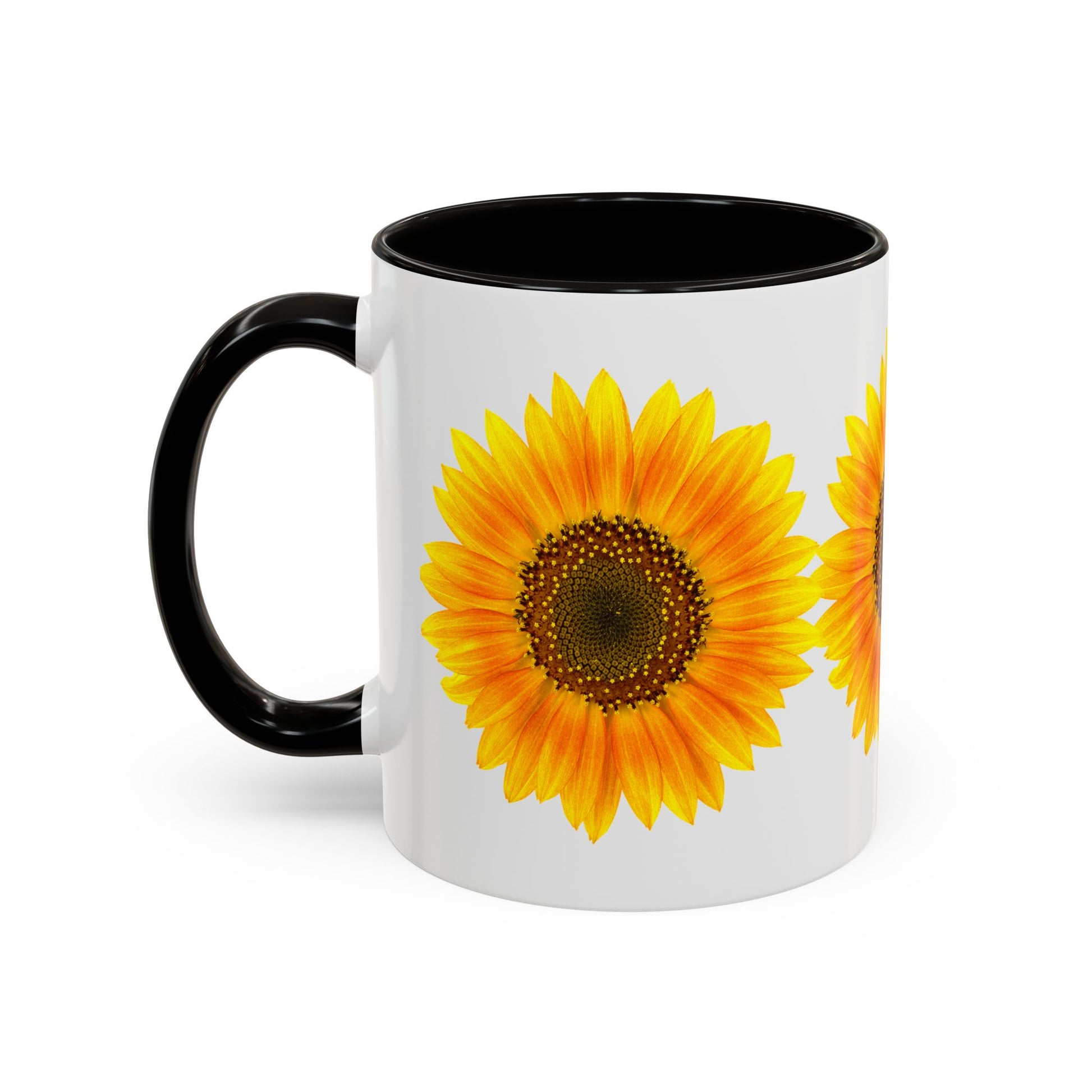 The Printify Sunflower Coffee Mug: Bright Floral | 11oz is a white ceramic cup with a black handle and interior, featuring a vibrant yellow sunflower. ORCA coating ensures vivid colors and durability for daily use.