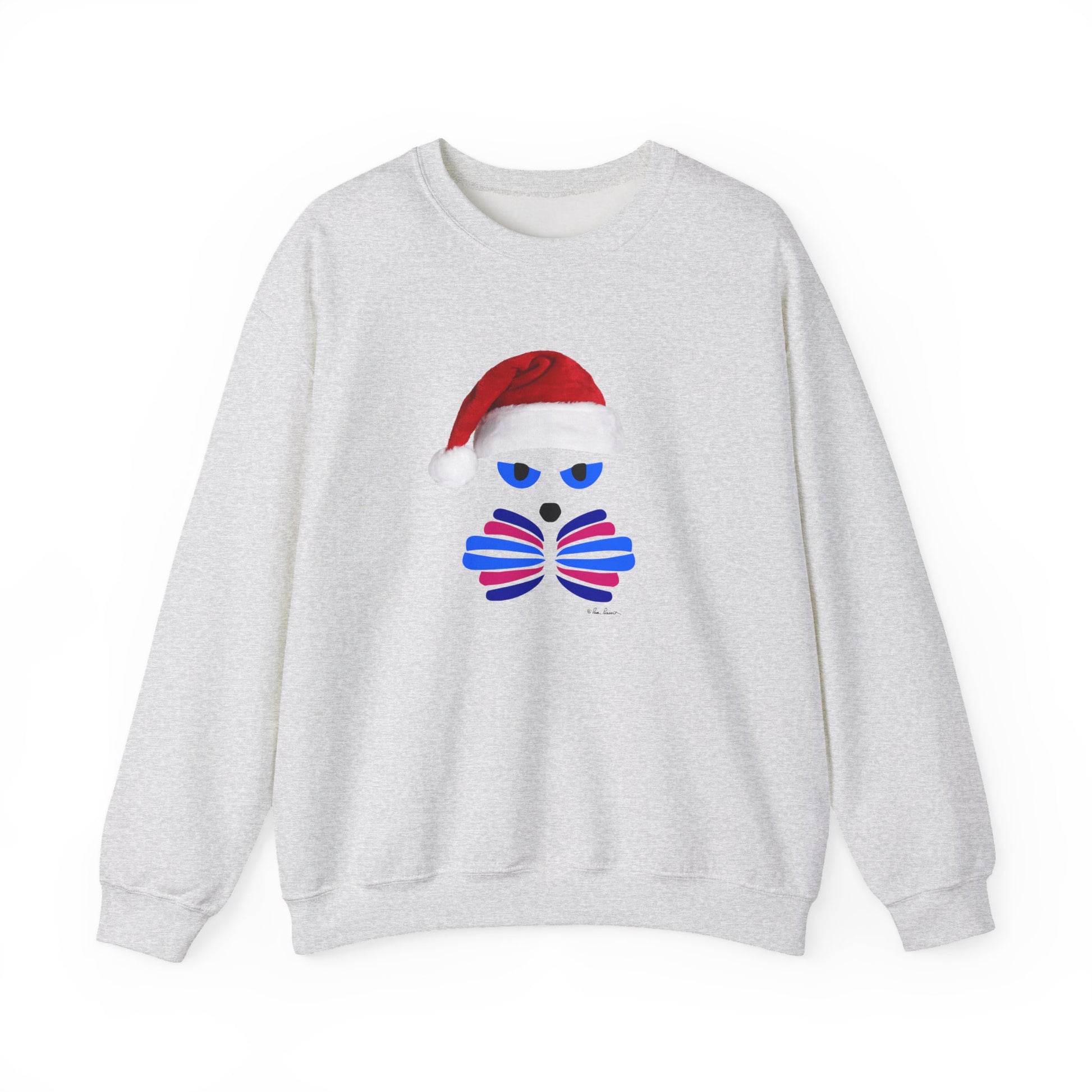 The Santa Cat Sweatshirt by Printify is a unisex, festive gray crewneck with a blue and red surprised cat face in a red Santa hat, shown on a white background.