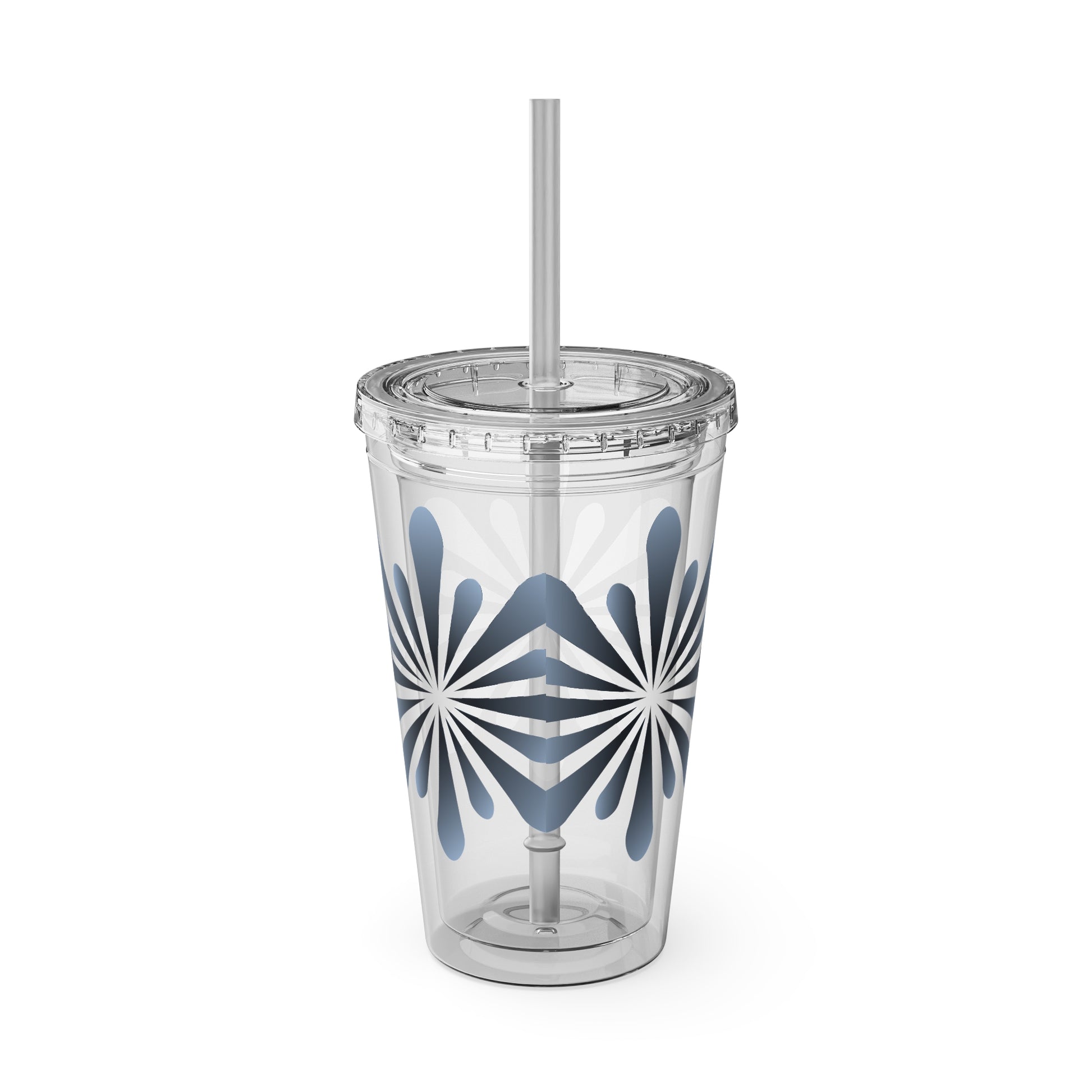 A clear, crack-resistant acrylic cup with a straw, known as the Printify Blue Star-burst Tumbler.
