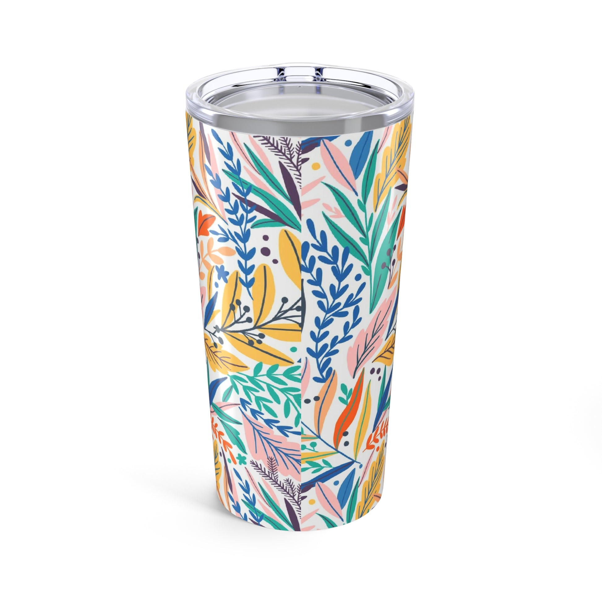 The Printify Lunch Bag Pal Tumbler (20 oz., stylish stainless steel) features a colorful abstract floral pattern with vibrant leaves and branches on white—perfect for keeping drinks hot or cold.