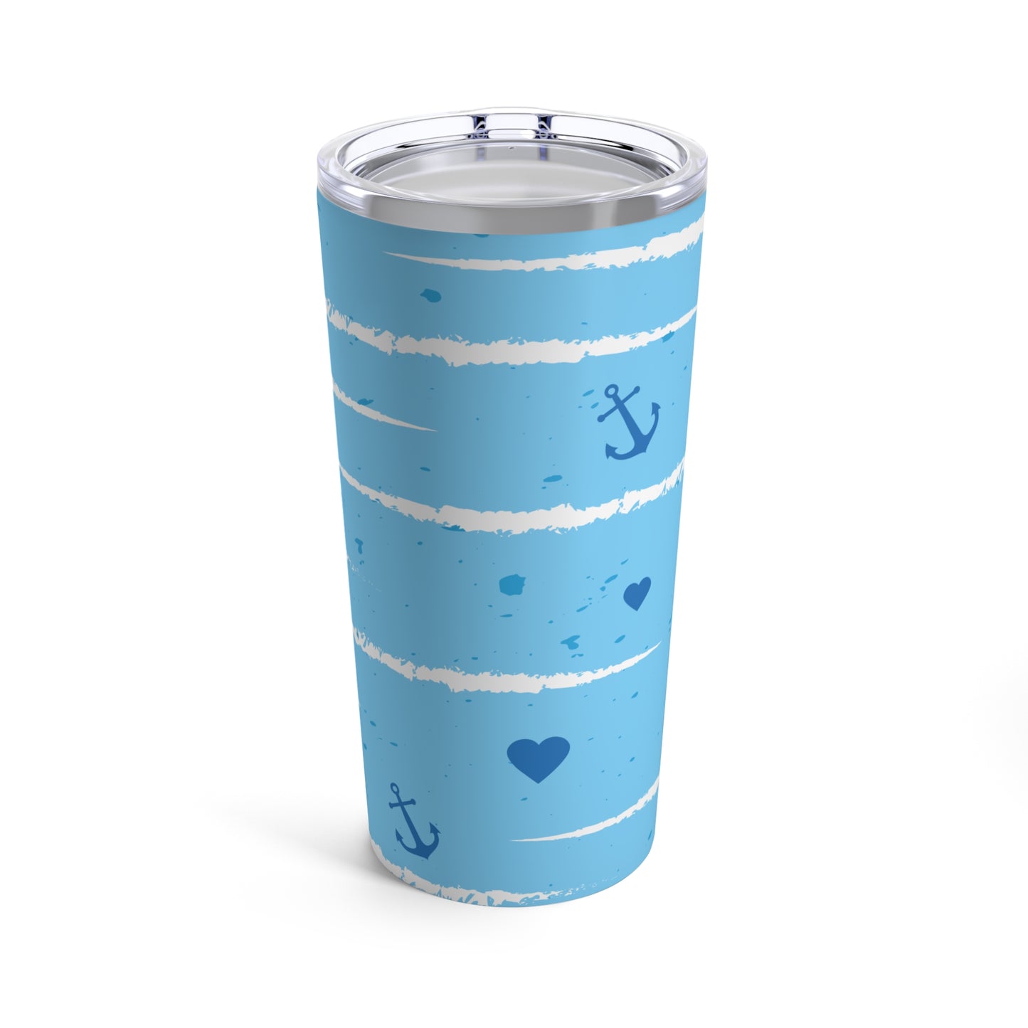 A dishwasher-safe, blue Printify Sailing Love Tumbler with hearts and anchors on it.