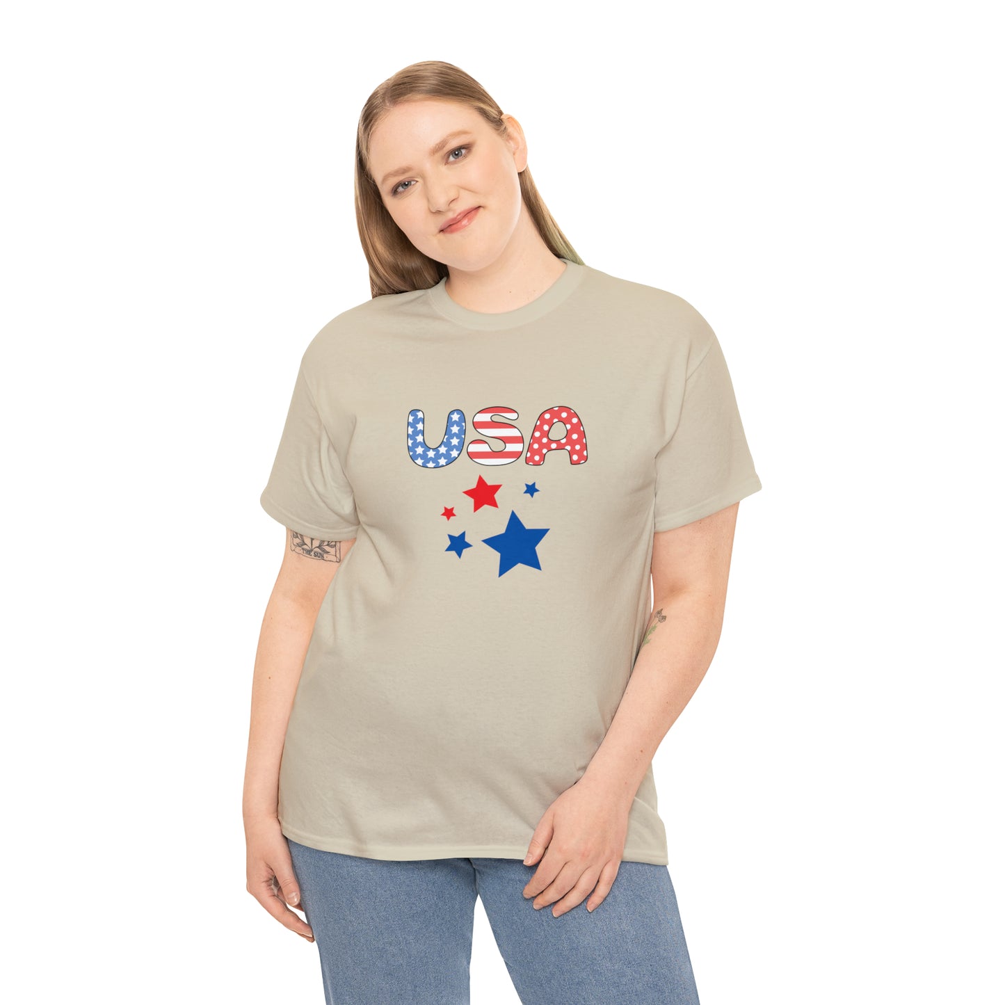 Mock up of a blond-haired woman wearing the Sand t-shirt