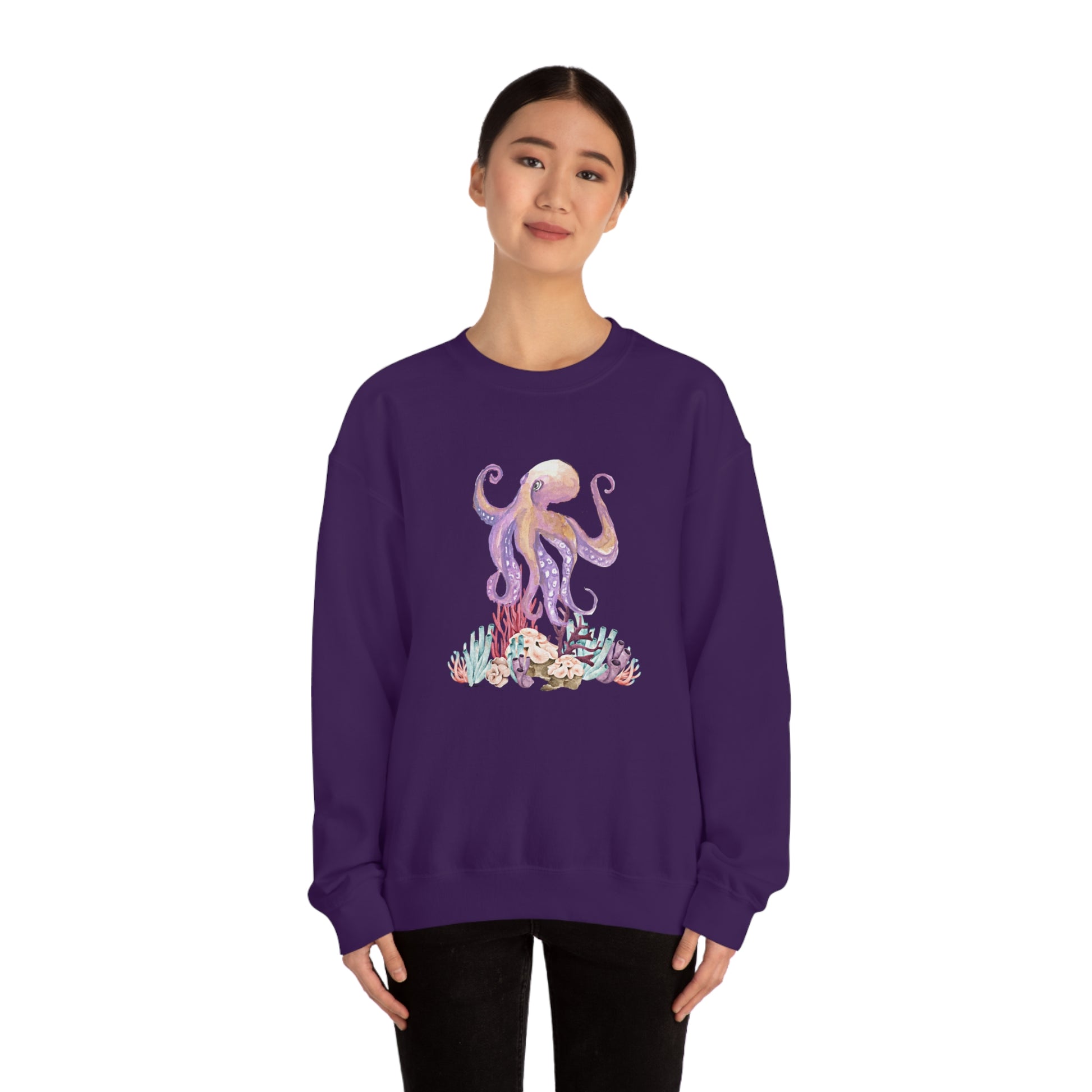 Mock up of a slender woman wearing the Purple shirt