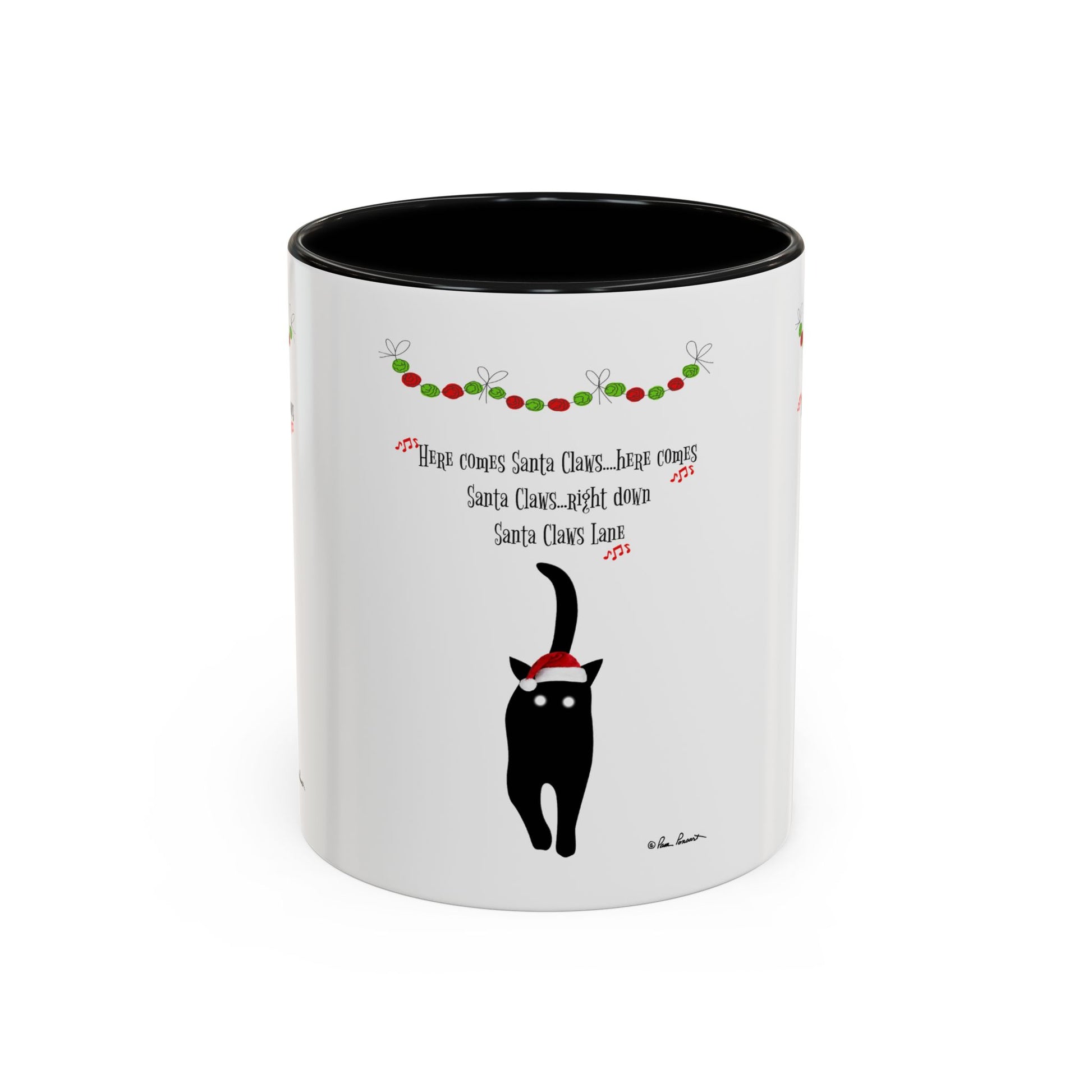 The Printify Festive-Cat Accent Coffee Mug has a black interior and a cute cat in a Santa hat with festive decor and "Here comes Santa Claws" text—a purrfect holiday gift for any cat lover!.