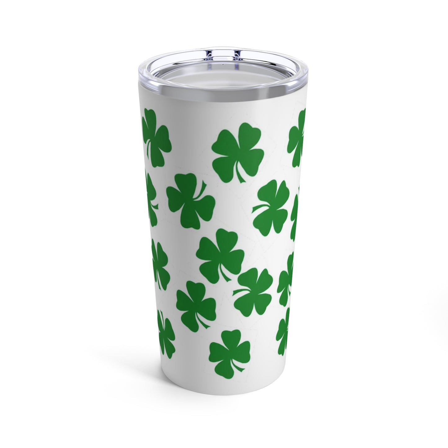 A Lucky Leprechaun Tumbler by Printify: 20 oz.; Insulated; Stainless steel with green 4-leaf clovers  on it.
