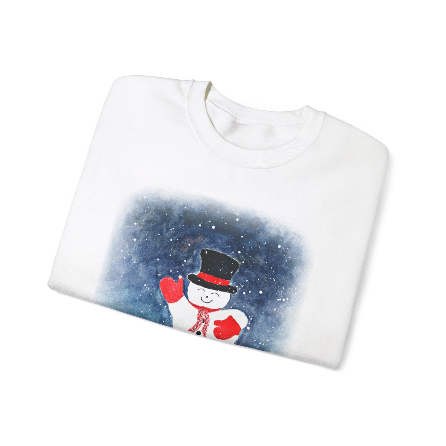 Introducing the Charming Snowman Crewneck Sweatshirt by Printify, crafted on a cozy Gildan unisex base. This folded white sweatshirt showcases an endearing snowman, complete with a top hat and red mittens, set against a dark blue snowy backdrop. It offers the perfect blend of holiday spirit and everyday comfort, reminiscent of a watercolor painting come to life.