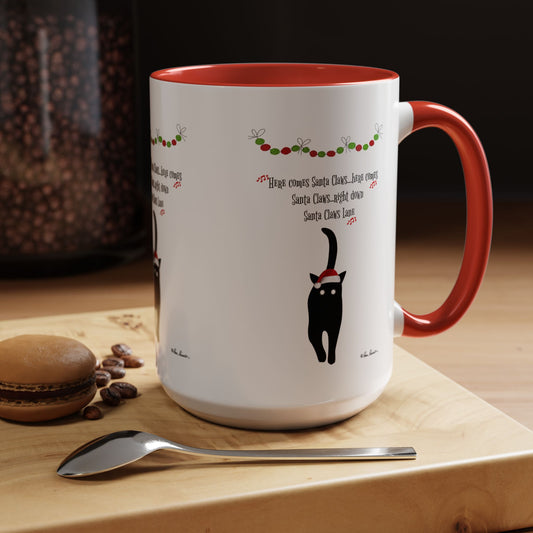 The Printify Festive-Cat Accent Coffee Mug is the ideal holiday gift for cat-lovers, featuring a black cat in a Santa hat, festive text, and garland—perfect for enjoying coffee this season.