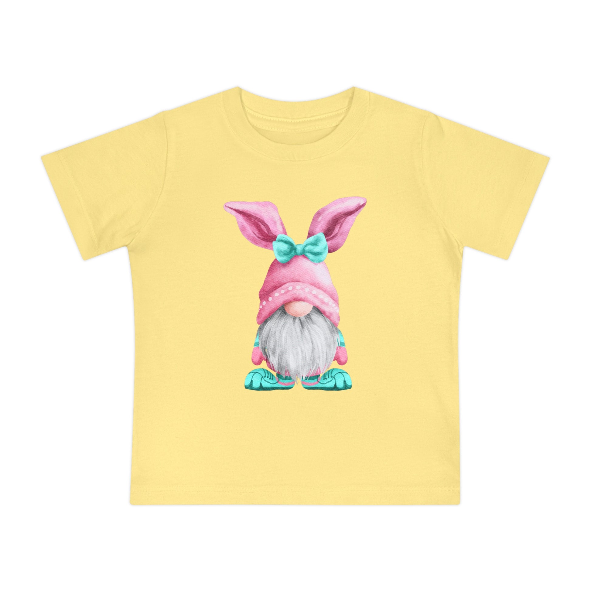 Yellow Baby's Easter-Gnome T-shirt featuring a whimsical print of a gnome wearing a pink bunny hat, designed as a unisex crew neck tee by Printify.