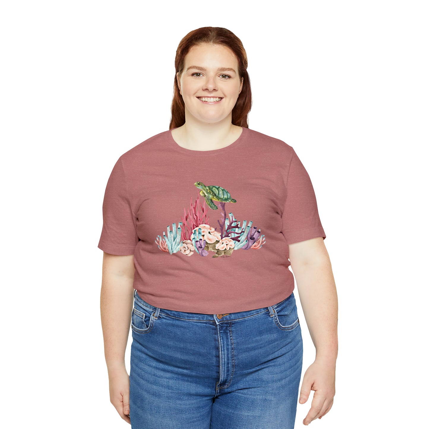 Mock up of a large woman wearing the mauve shirt