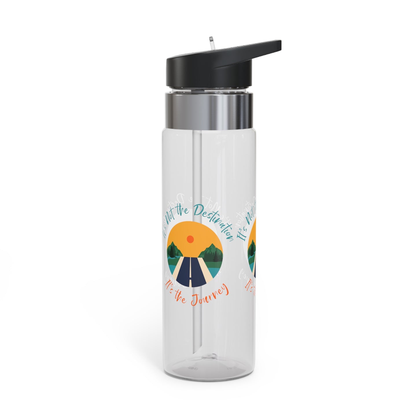Transparent BPA-free water bottle with an inspirational quote and mountain design: Unisex Water Bottle: 20 oz.; BPA-free; Kensington Tritan™ by Printify.