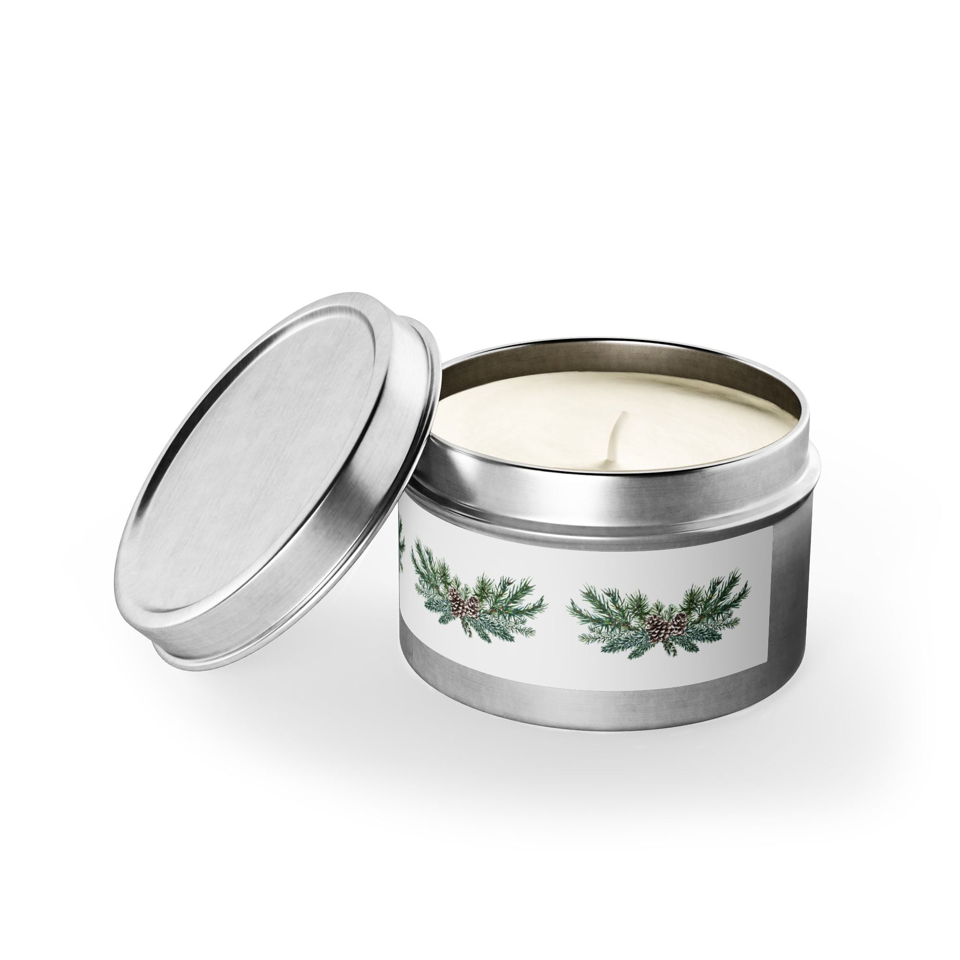 A Holiday-Inspired Pinecone Tin-Candle by Printify, featuring a pine branch design on its metal exterior, contains a 4 oz white candle with an Evergreen scent that emits a soothing fragrance. The slightly opened lid reveals the eco-friendly candle inside, ideal for adding warmth and charm.