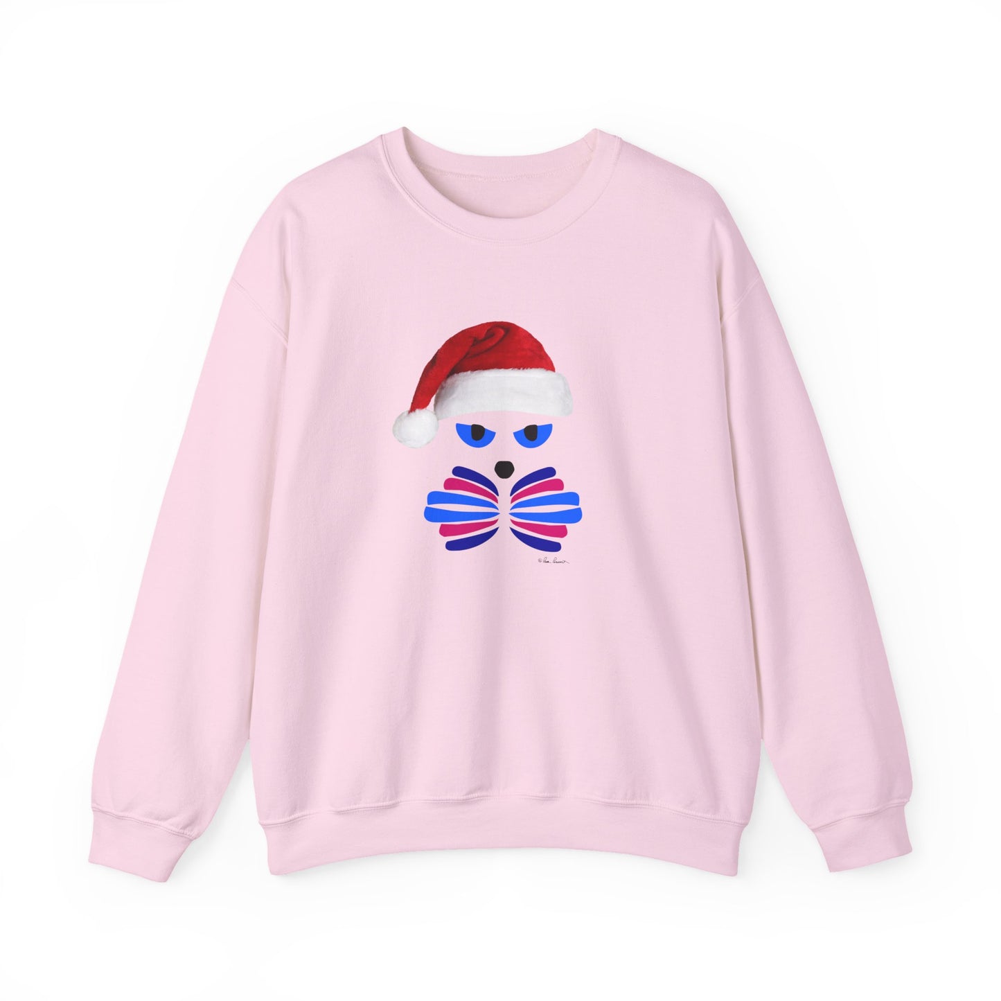The Printify Santa Cat Sweatshirt is a unisex festive crewneck featuring a stylized cat face with blue and purple highlights wearing a red Santa hat, centered on the front.