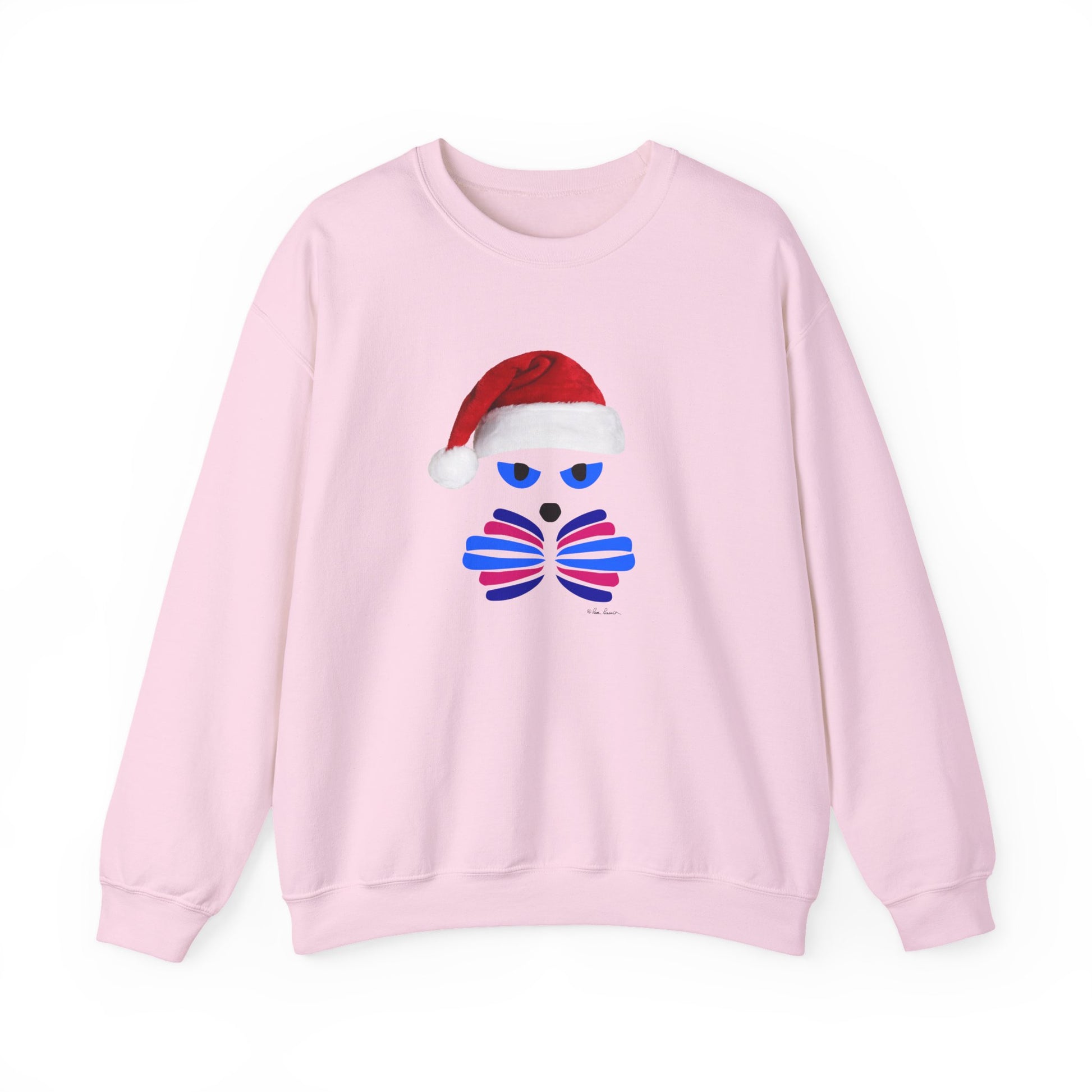 The Printify Santa Cat Sweatshirt is a unisex festive crewneck featuring a stylized cat face with blue and purple highlights wearing a red Santa hat, centered on the front.