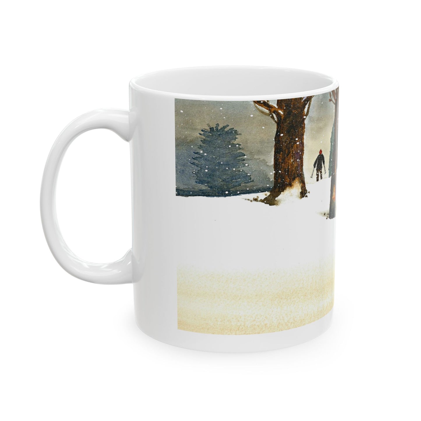 The Winter Wonderland Mug by Printify features a captivating winter scene in watercolor art on an 11 oz. ceramic mug, depicting a person walking near snow-covered trees.