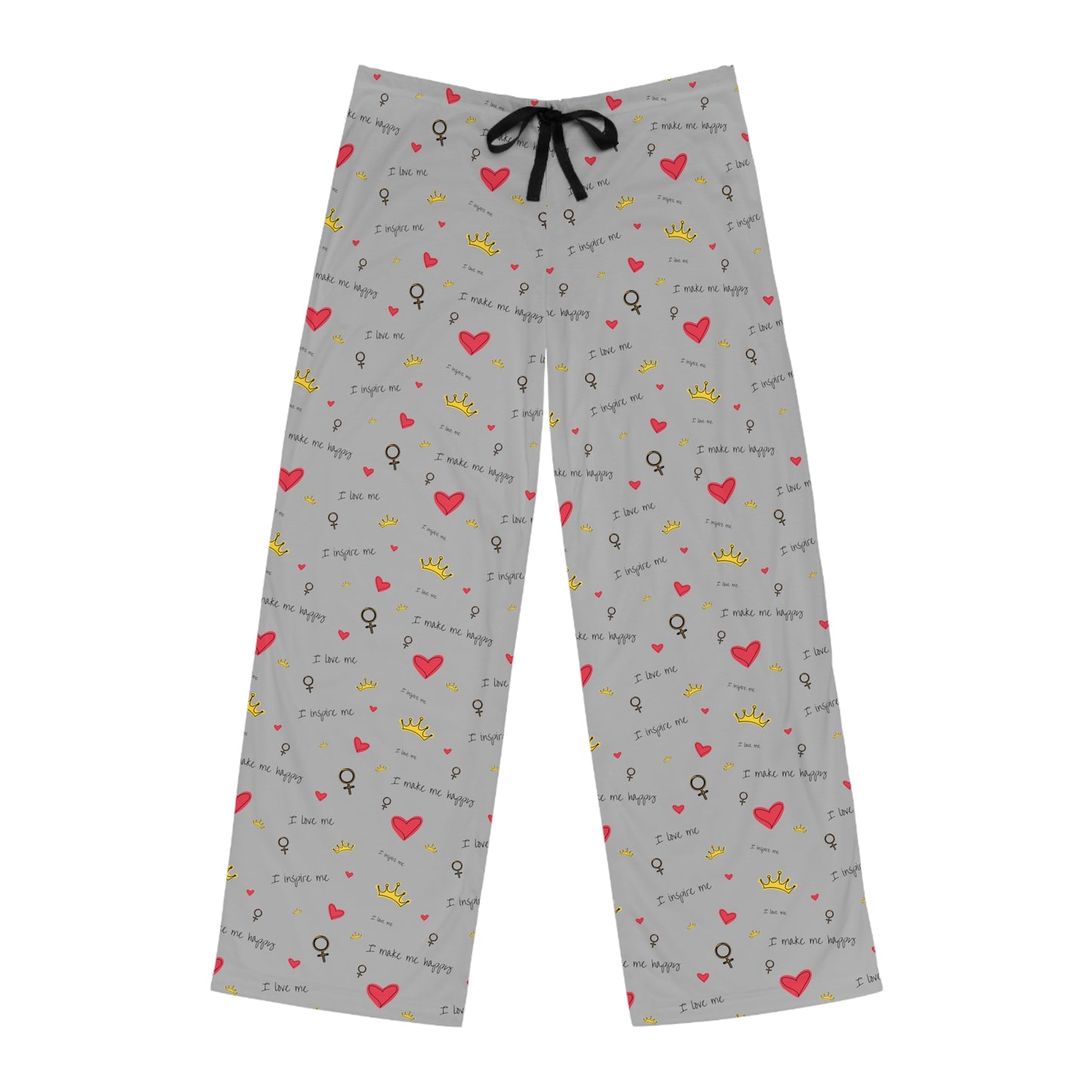 Men's Printify grey pajama pants with hearts, made of 100% polyester - a perfect Valentine's Day gift.