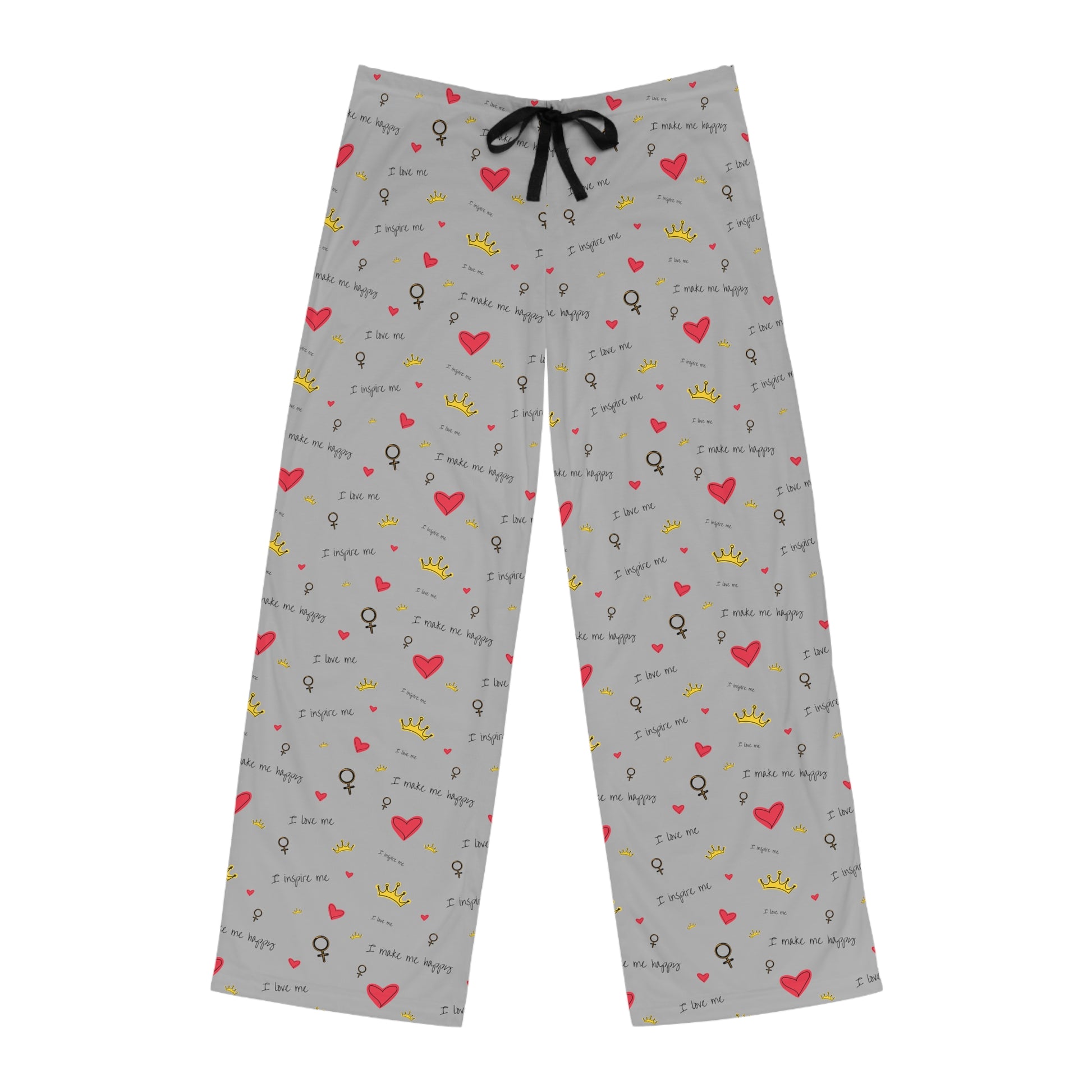 Men's Valentine's Day Gift, a pair of Printify grey polyester jersey pajama pants with hearts on them. The pants have a relaxed fit, elastic waistband, and drawstring closure.