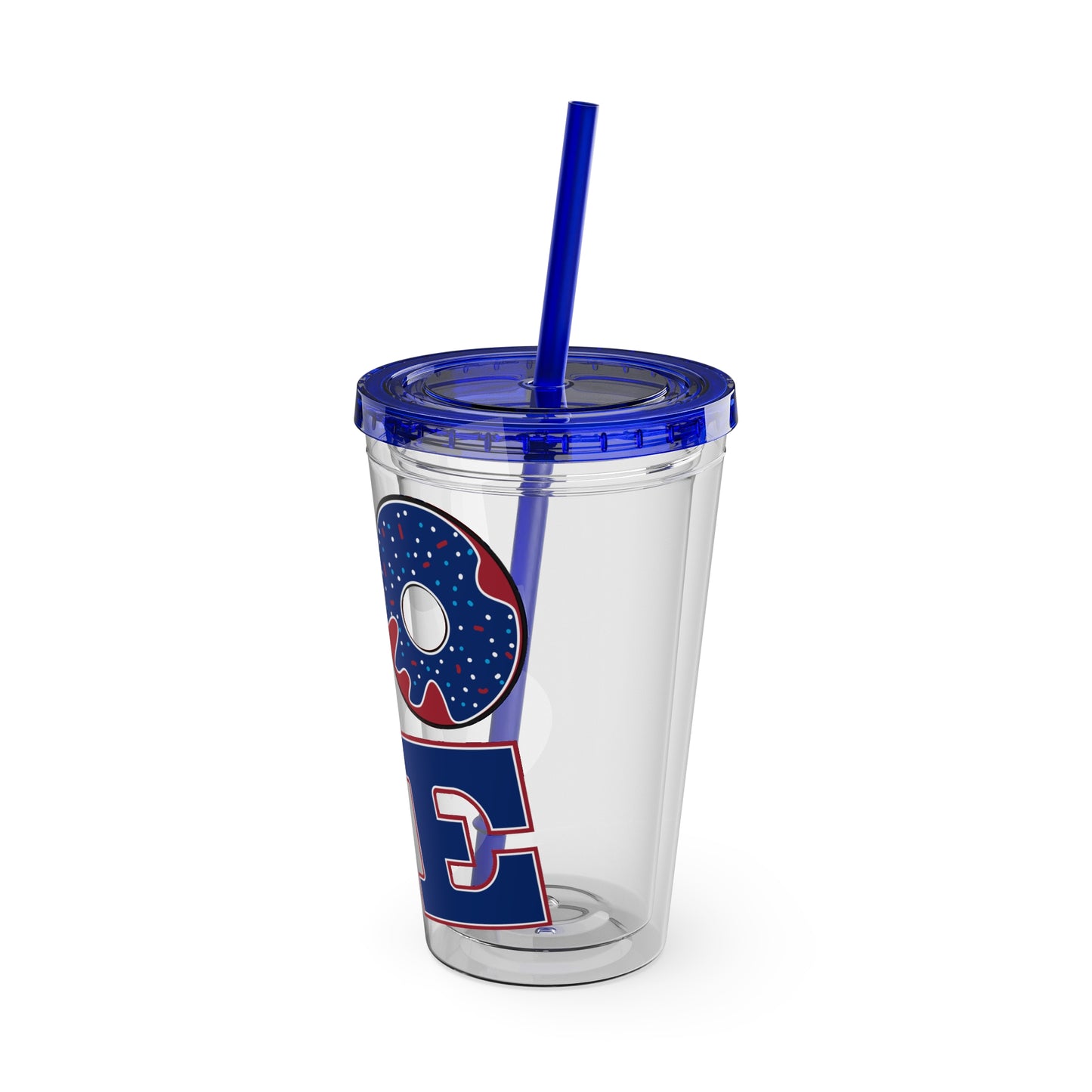 A Printify Love USA Tumbler with a blue lid and a straw.