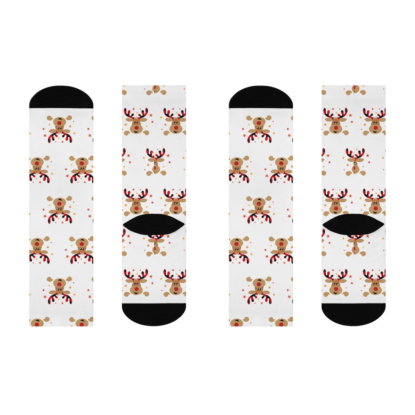 The Festive Reindeer Crew-Socks by Printify are unisex holiday socks with cushioned bottoms, showcasing a charming cartoon reindeer and snowflake design from multiple angles, making them ideal for infusing any occasion with a playful spirit.