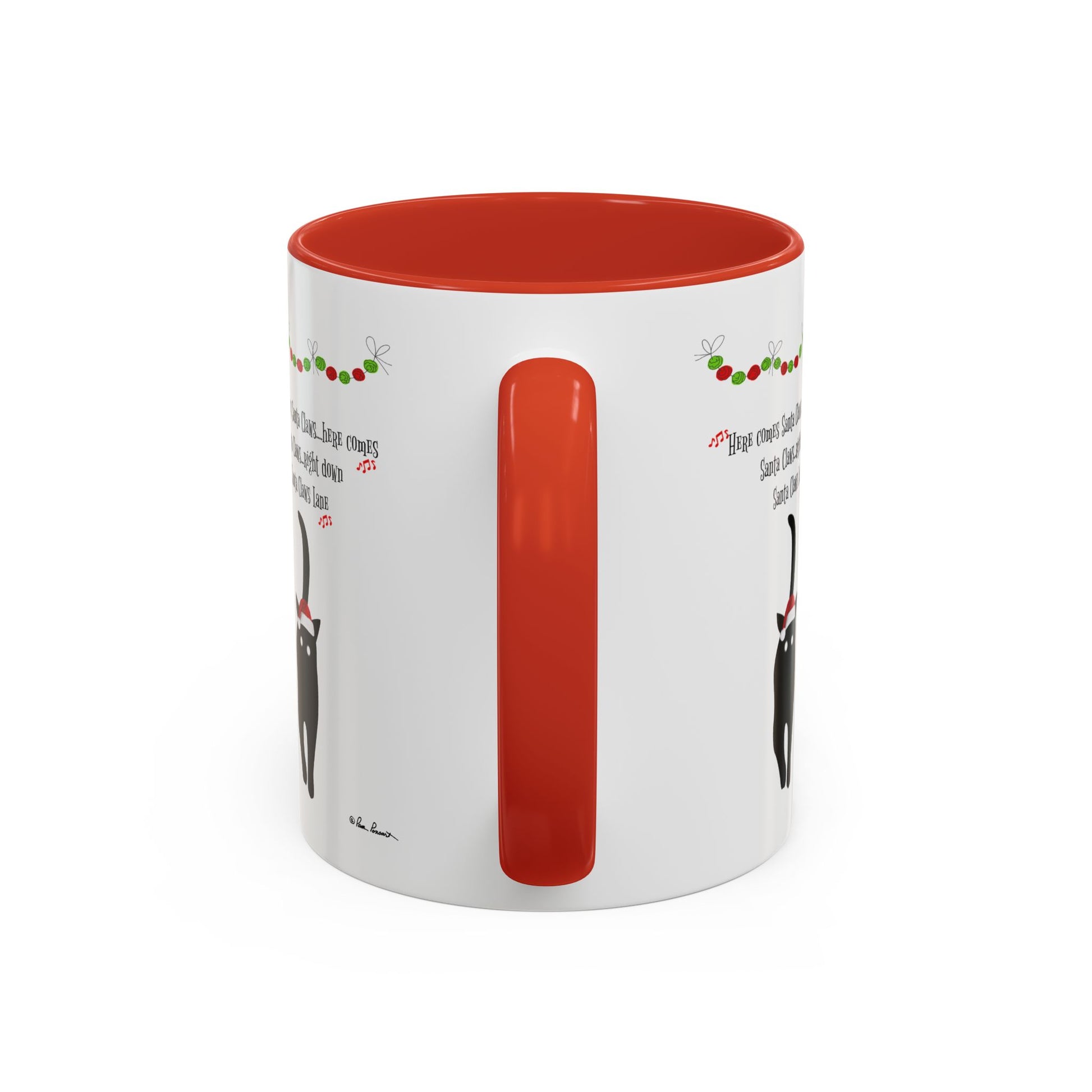 The Festive-Cat Accent Coffee Mug by Printify is a white ceramic mug with a red handle and interior, featuring holiday cat designs—an ideal holiday gift for any cat lover.