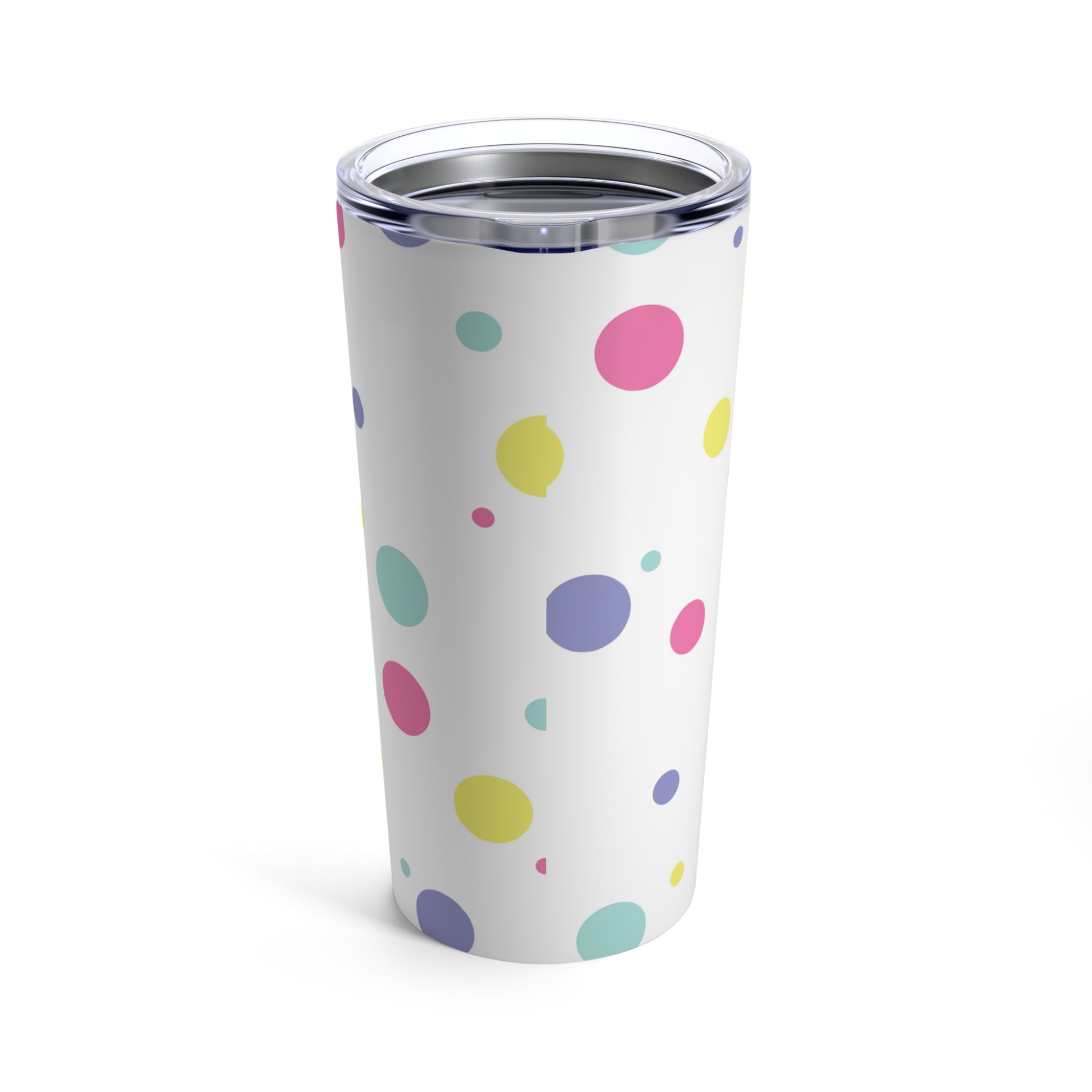 A dishwasher safe, white stainless steel Confetti Dots Tumbler with colorful polka dots on it. (Printify)