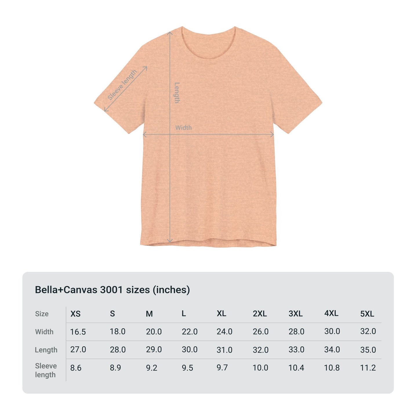 Peach-colored Printify Bella + Canvas 3001 voting women's t-shirt with size chart showing measurements from xs to 5xl.