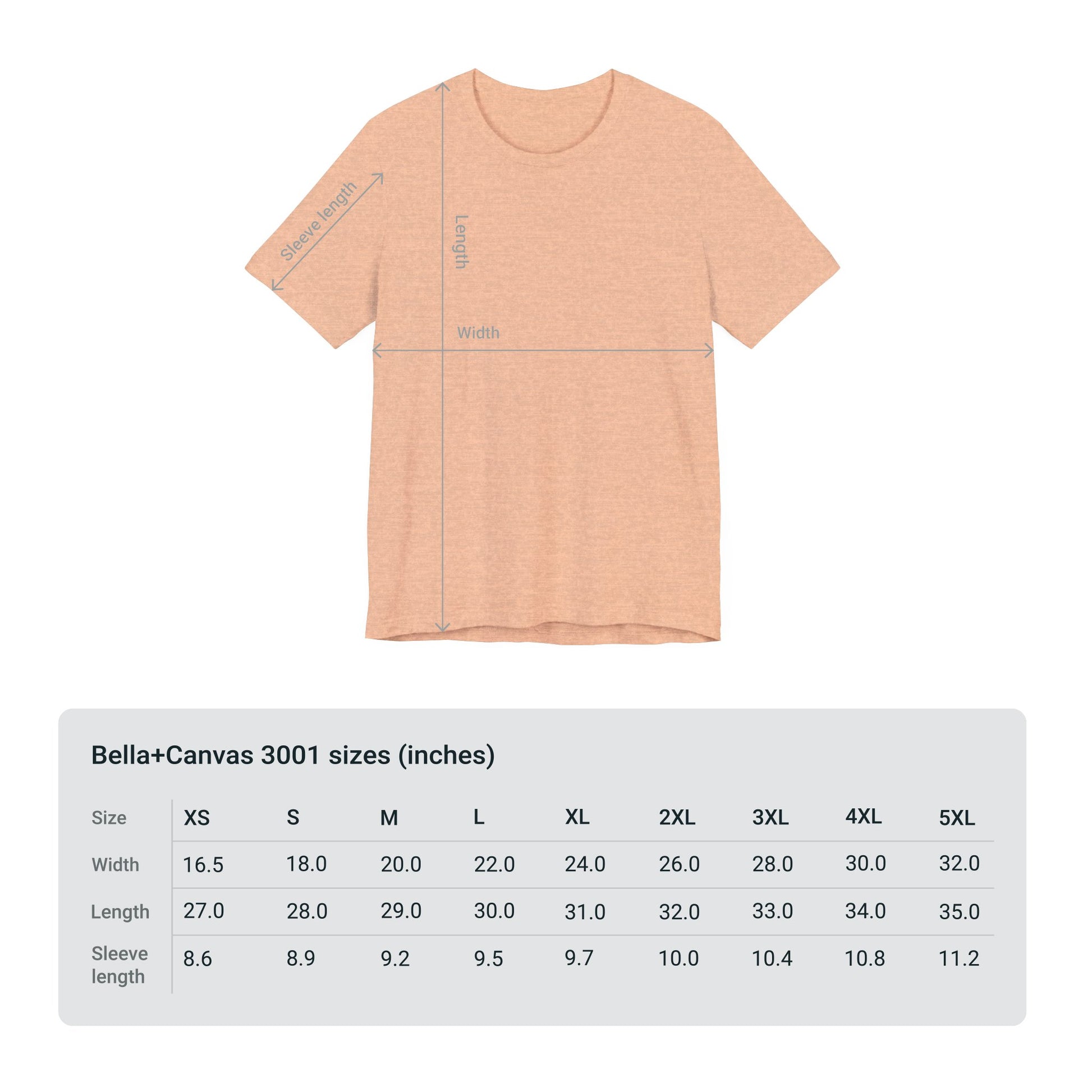Peach-colored Printify Bella + Canvas 3001 voting women's t-shirt with size chart showing measurements from xs to 5xl.