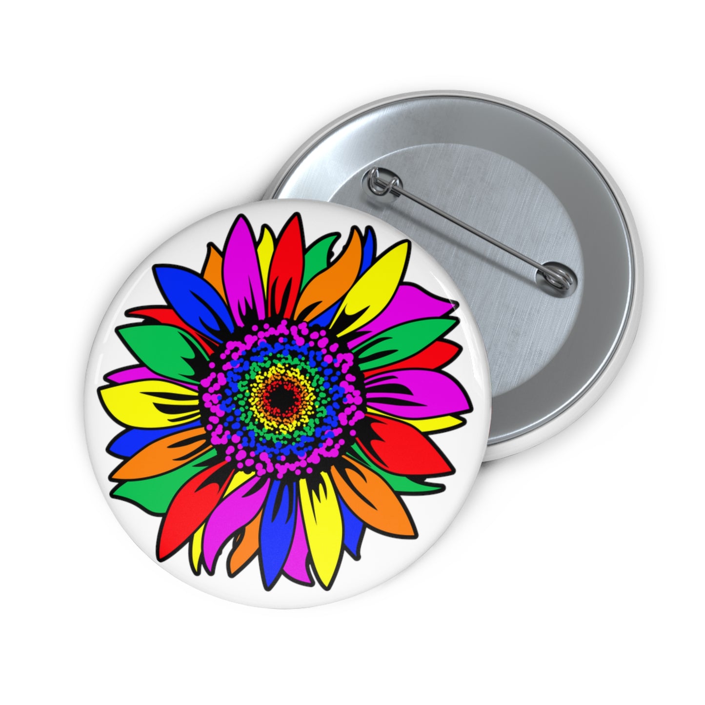 Rainbow Sunflower Buttons: 3 sizes; Pin-back; Metal; Peace
