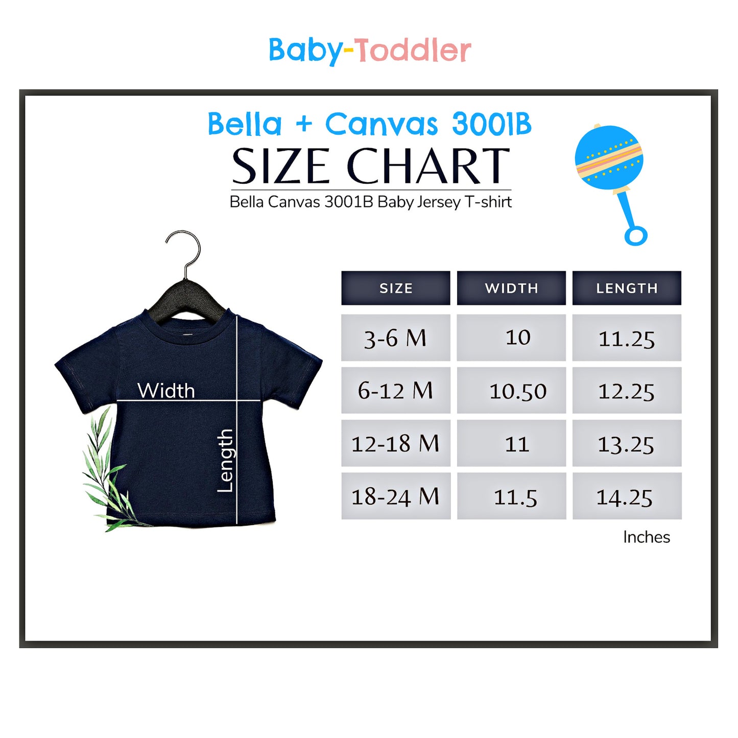 Size chart and dimensions display for Printify Baby's Easter-Gnome T-shirt with a visual guide on how to measure width and length.