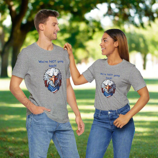 Man and woman wearing "Not Going Back T-shirts"